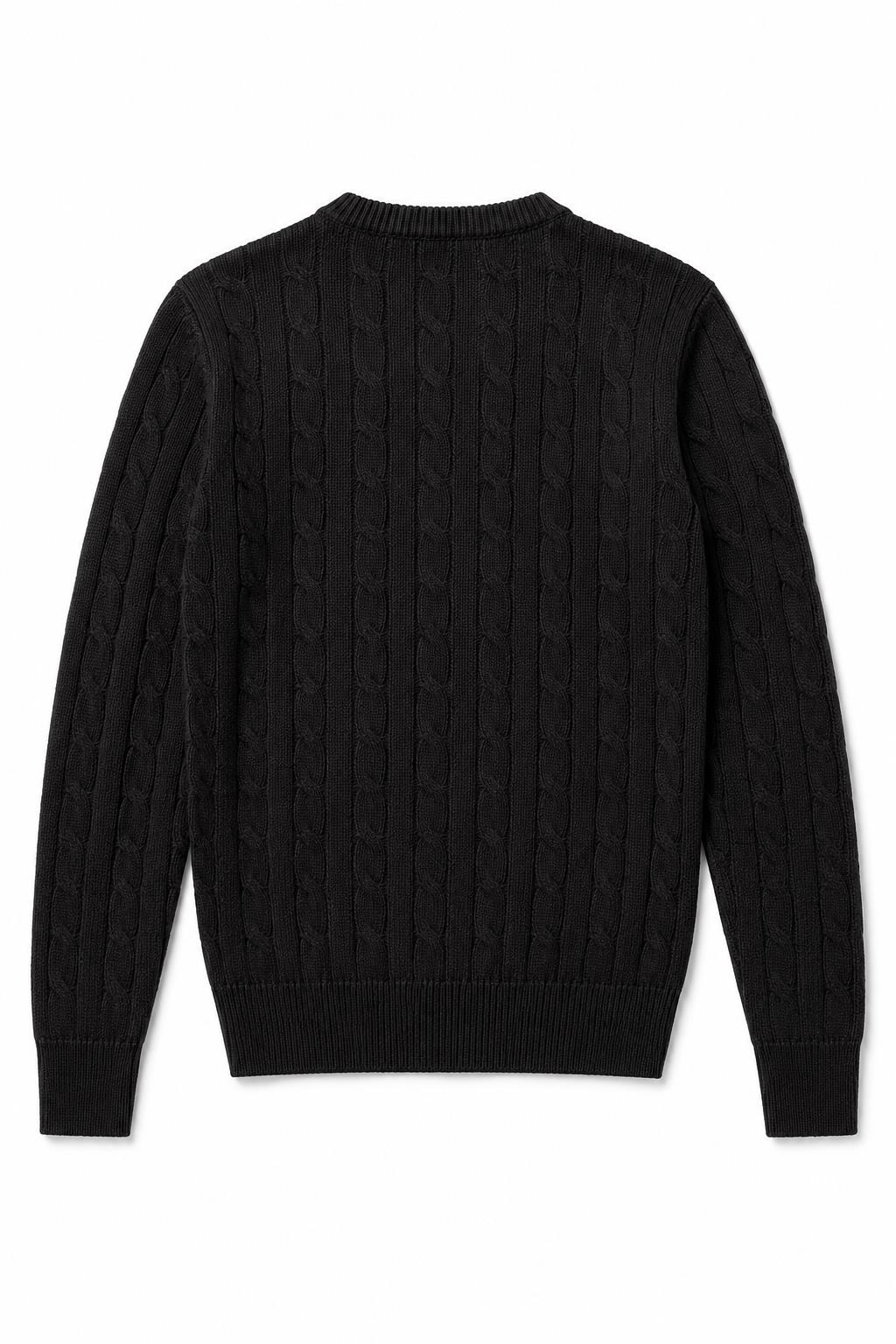 Men's Black 100% Cotton Fine Cable Knit Crew Neck Jumper