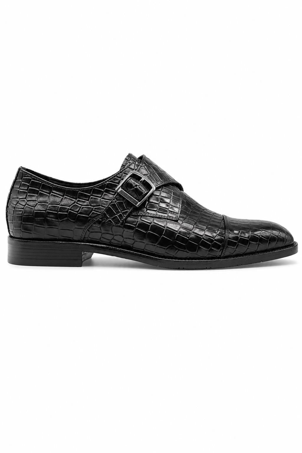ELAN Men's Black Croc Embossed Leather Single Monk Strap Shoes