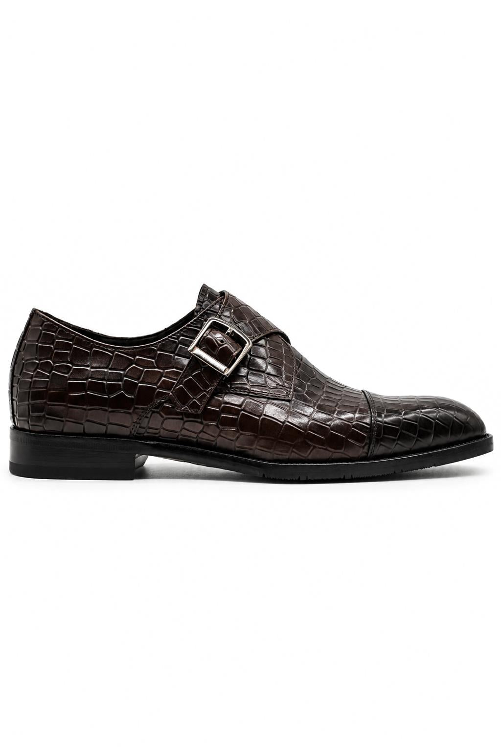 ELAN - Men's Coffee Brown Croc Embossed Leather Single Monk Strap Shoes