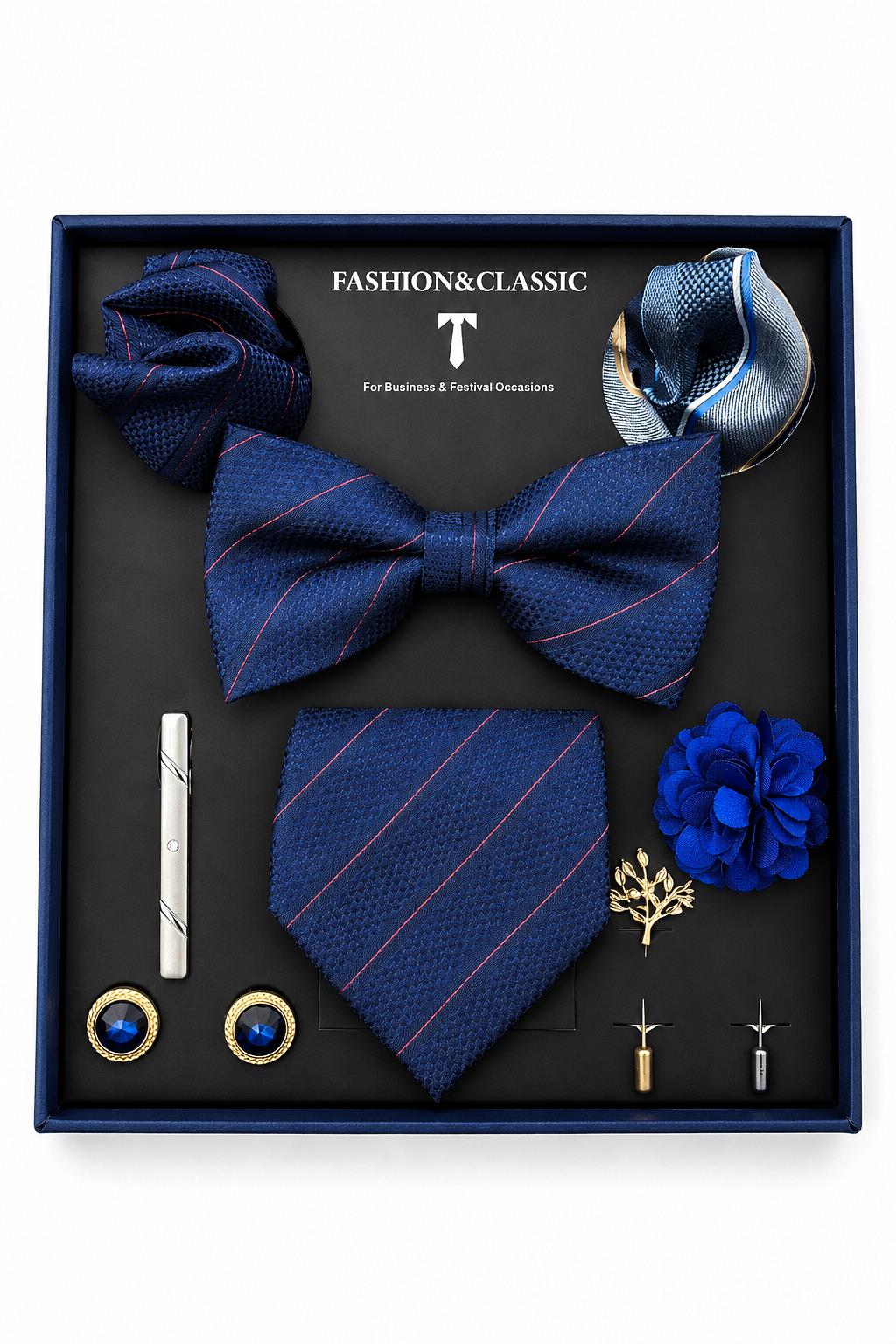 Men’s Navy Blue Stripe 8-Piece Tie & Bow Tie Wedding Gift Set