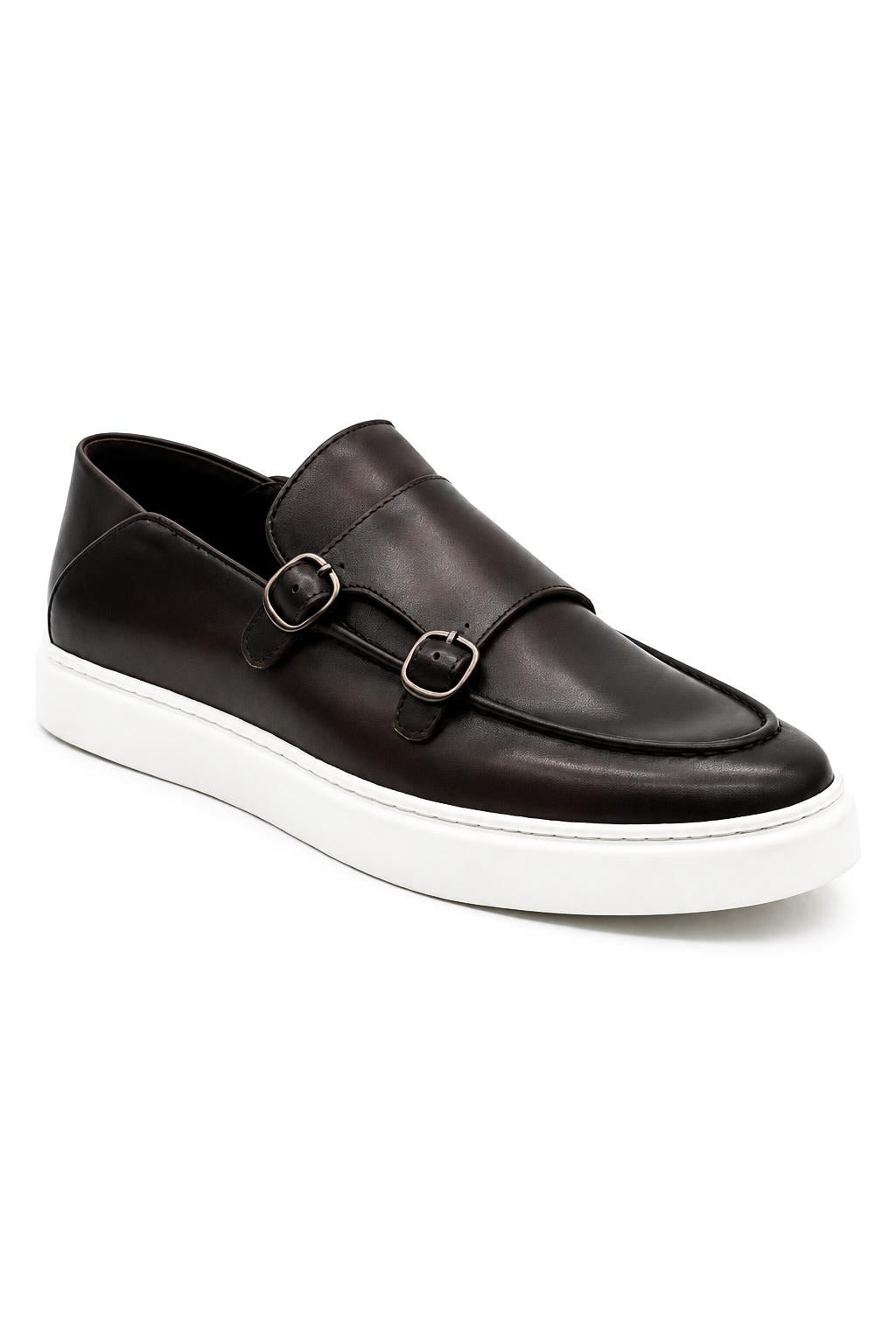 Men's Brown Real Leather Double Monk Strap Trainers White Sole