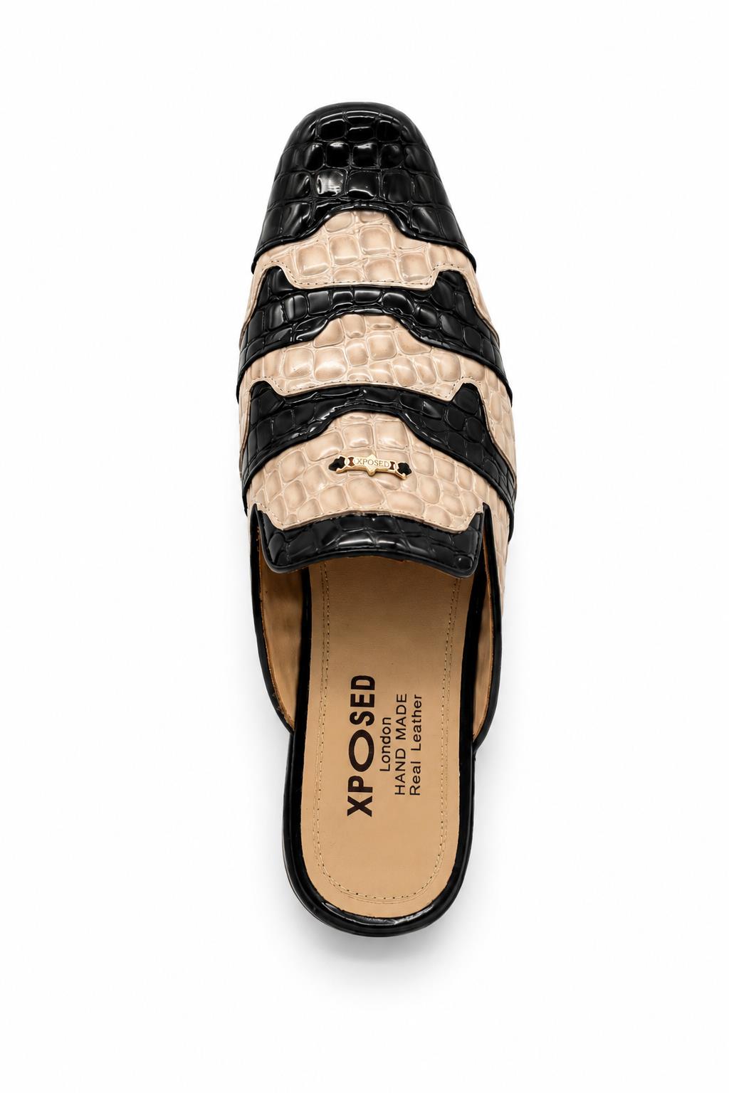 Men’s Black & Beige Shiny Patent Print Half Shoes