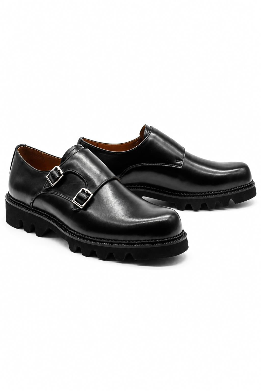 KNOX Men’s Black Leather Chunky Double Monk Strap Shoes