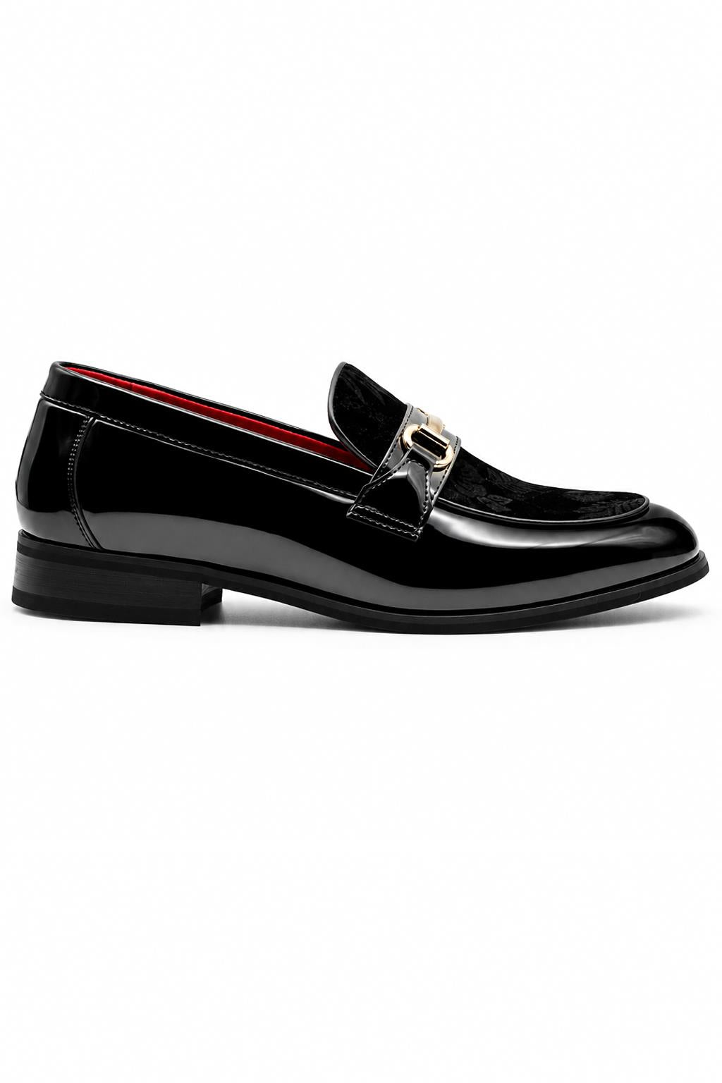 Men's Black Floral Velvet Patent Snaffle Dress Loafers