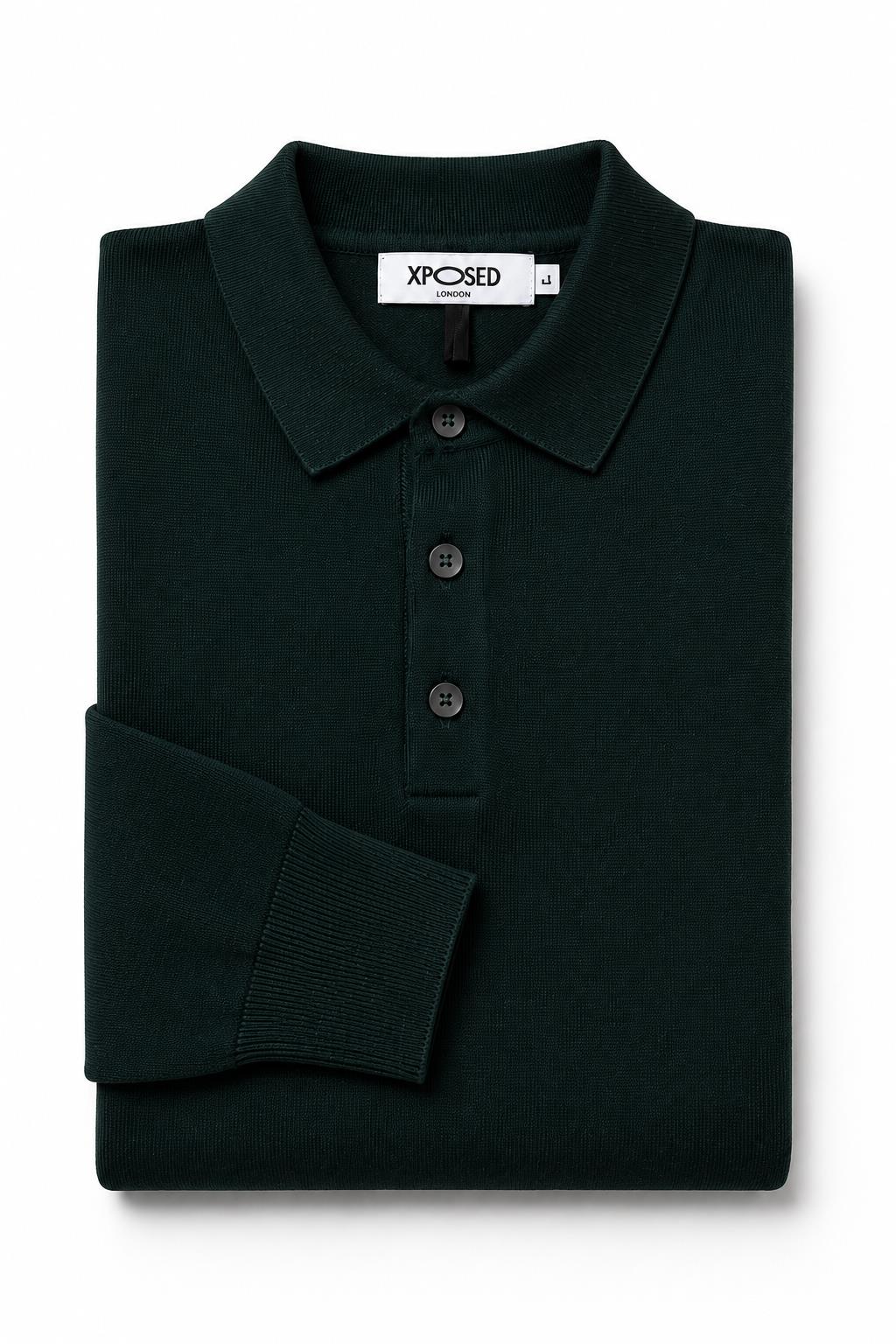 Men's Black 100% Cotton Fine Knit Button Neck Polo Jumper