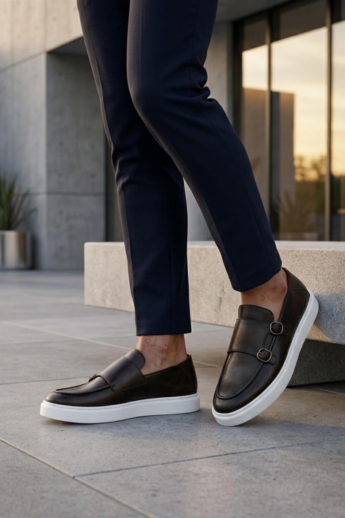 Men's Brown Real Leather Double Monk Strap Trainers White Sole