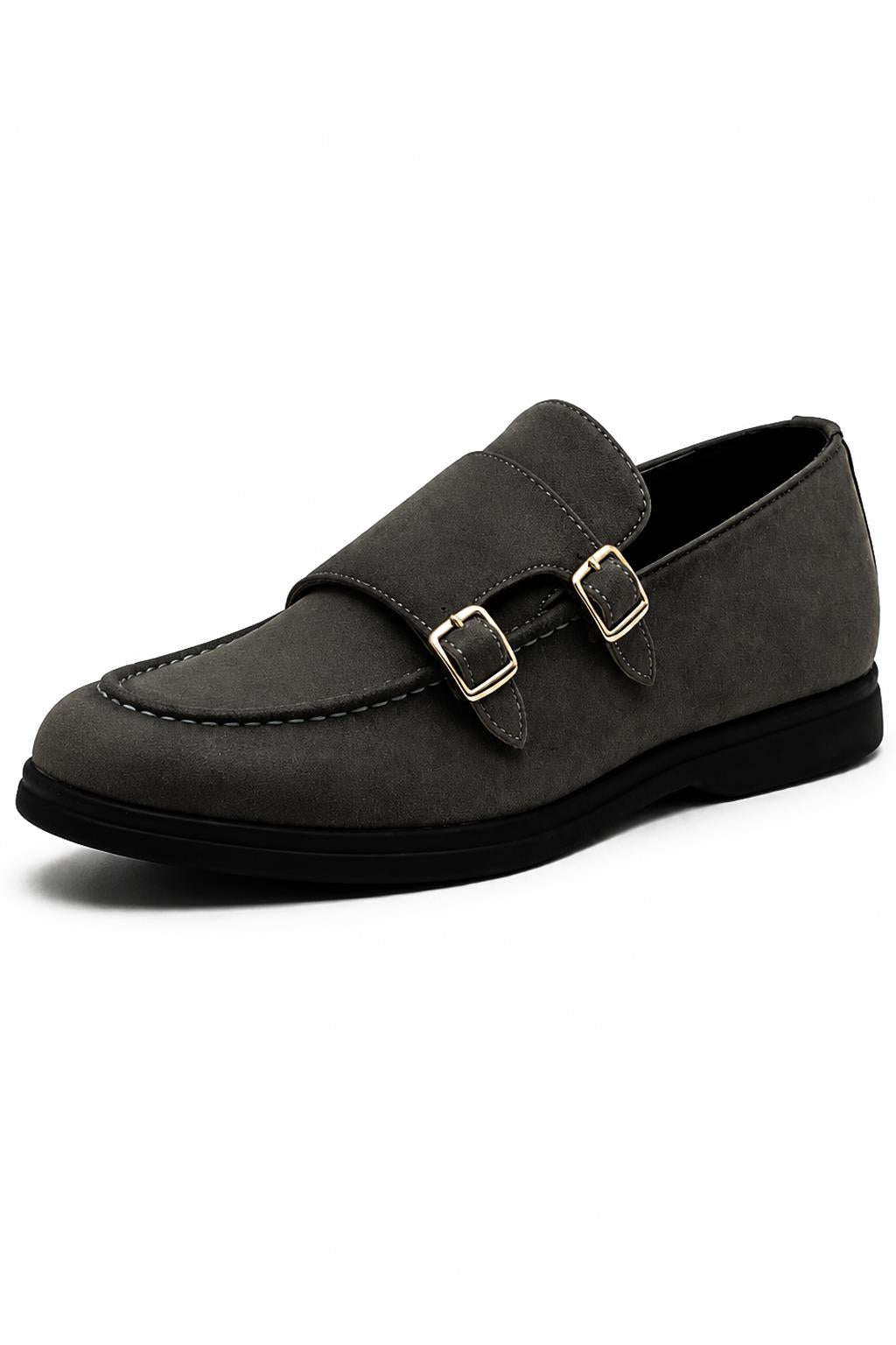 Men's Grey Faux Suede Double Monk Strap Loafers