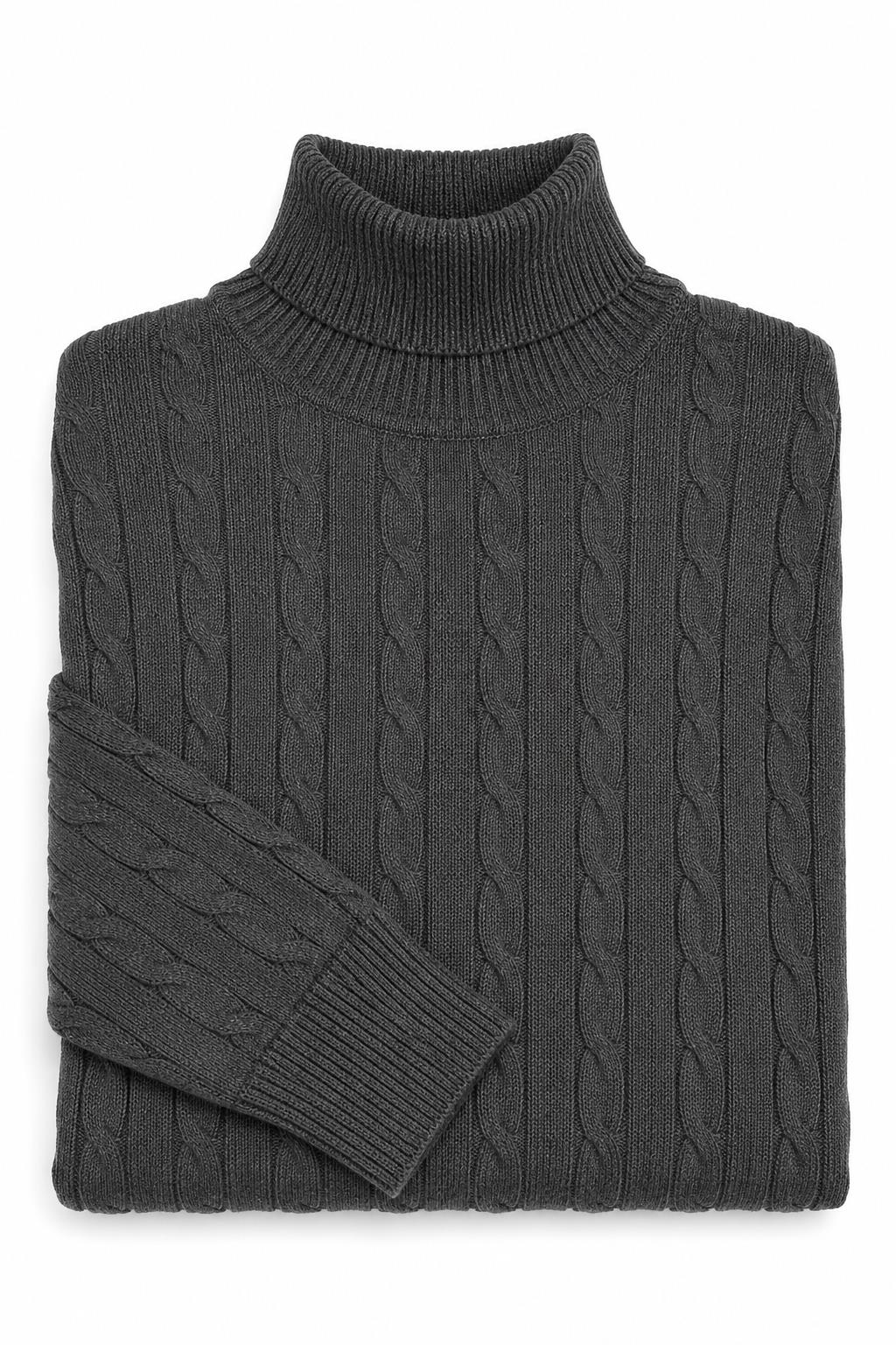 Men's Charcoal Grey 100% Cotton Fine Cable Knit Roll Neck Jumper