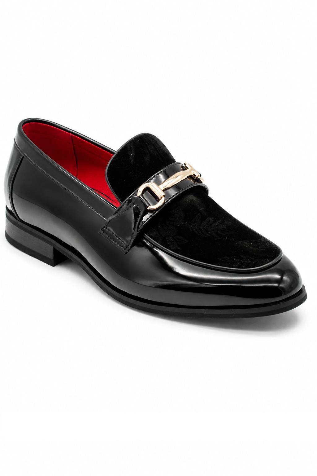 Men's Black Floral Velvet Patent Snaffle Dress Loafers