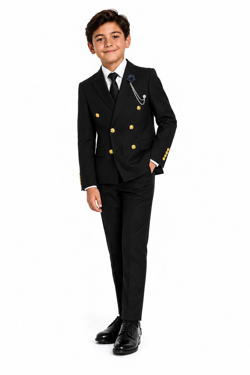 Boys Black Double Breasted 2 Piece Suit with Gold Buttons & Lapel Pin