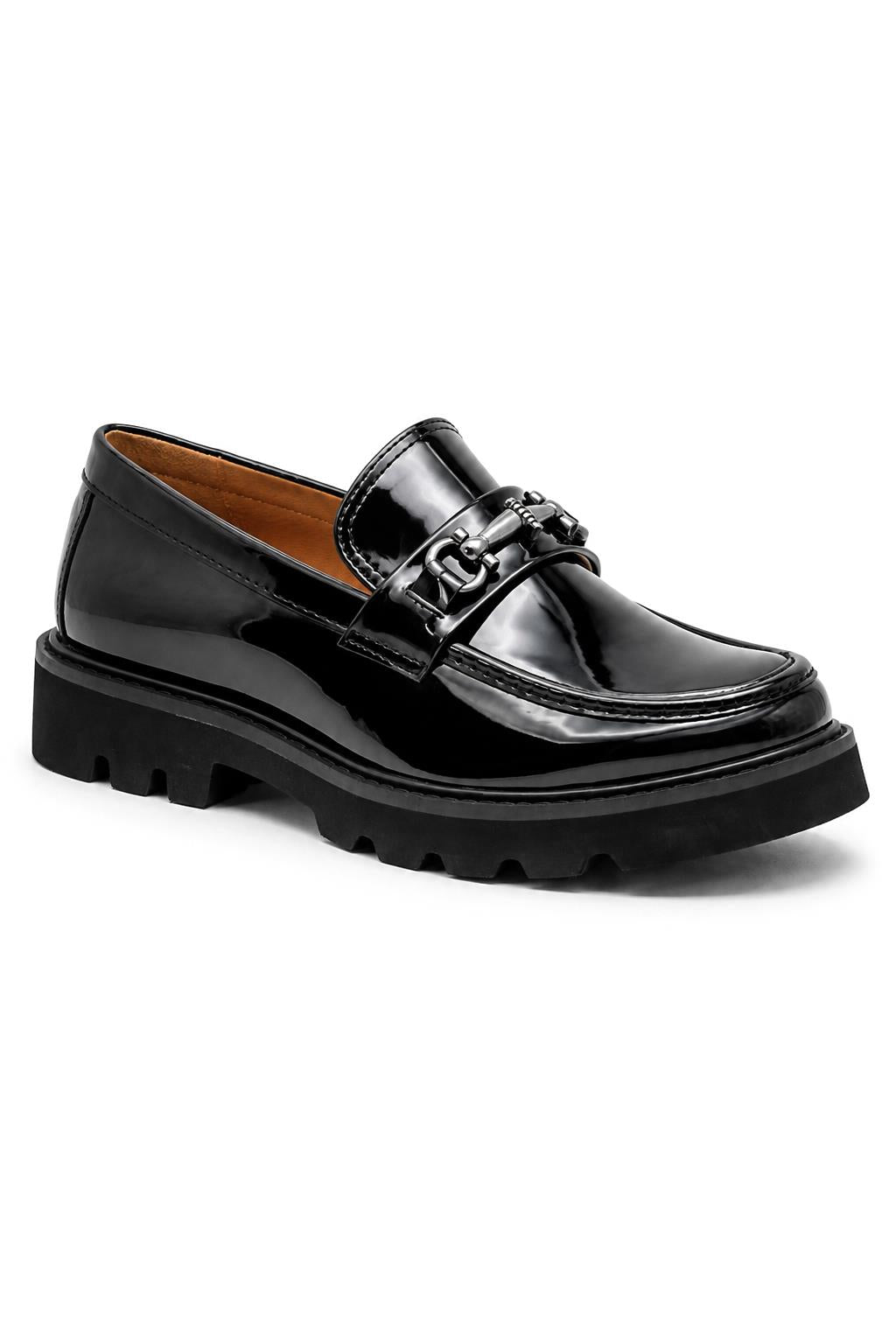 Men's Black Patent Faux Leather Snaffle Loafers