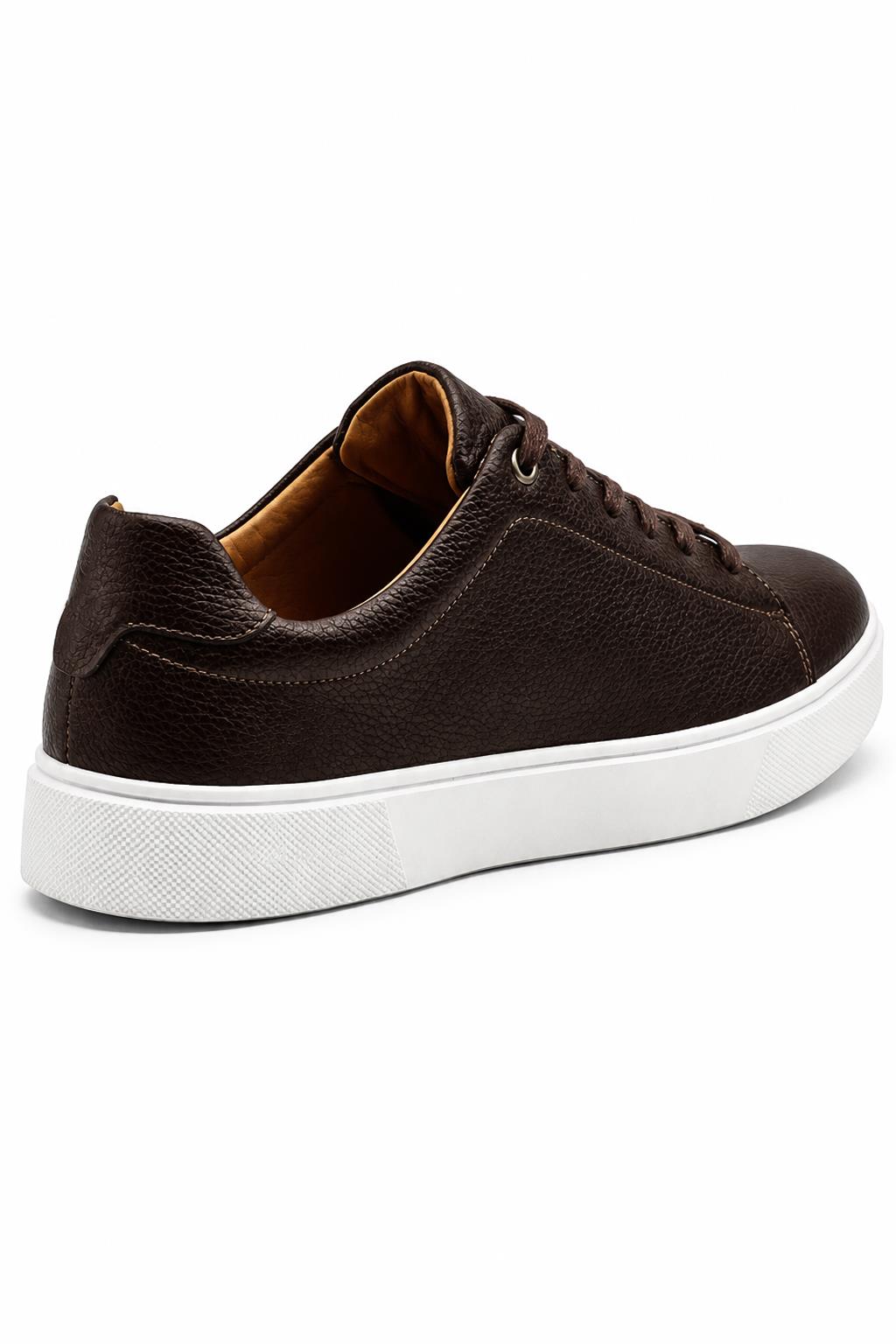Men’s Coffee Brown Grain-Effect Faux Leather Lace-Up Trainers