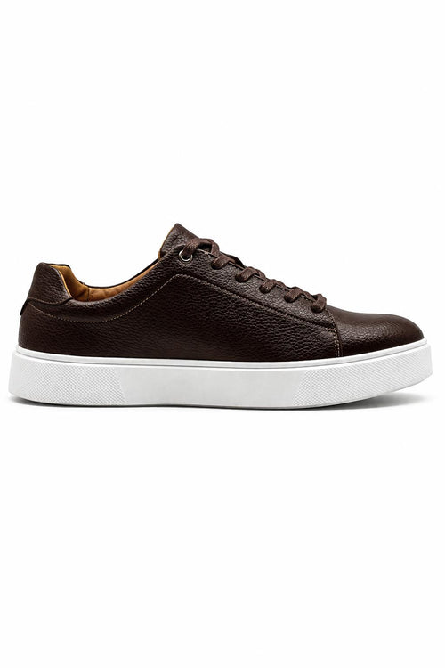 Men’s Coffee Brown Grain-Effect Faux Leather Lace-Up Trainers