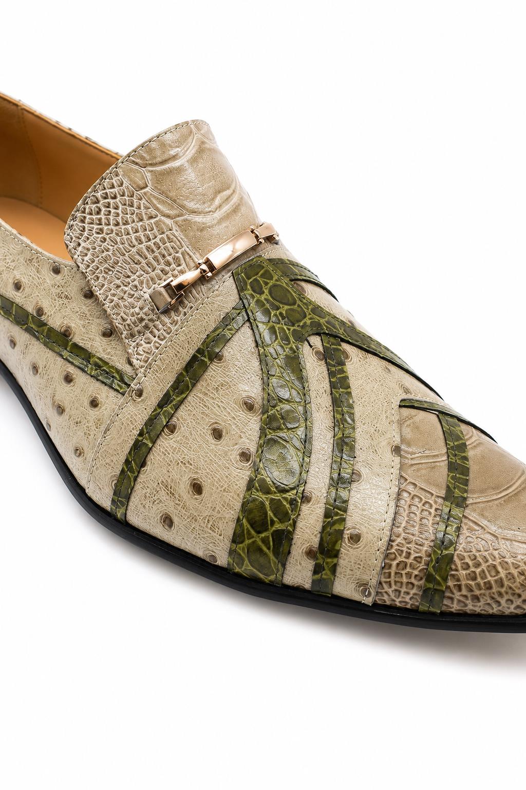 Men’s Cream & Green Snake-Effect Real Leather Loafers
