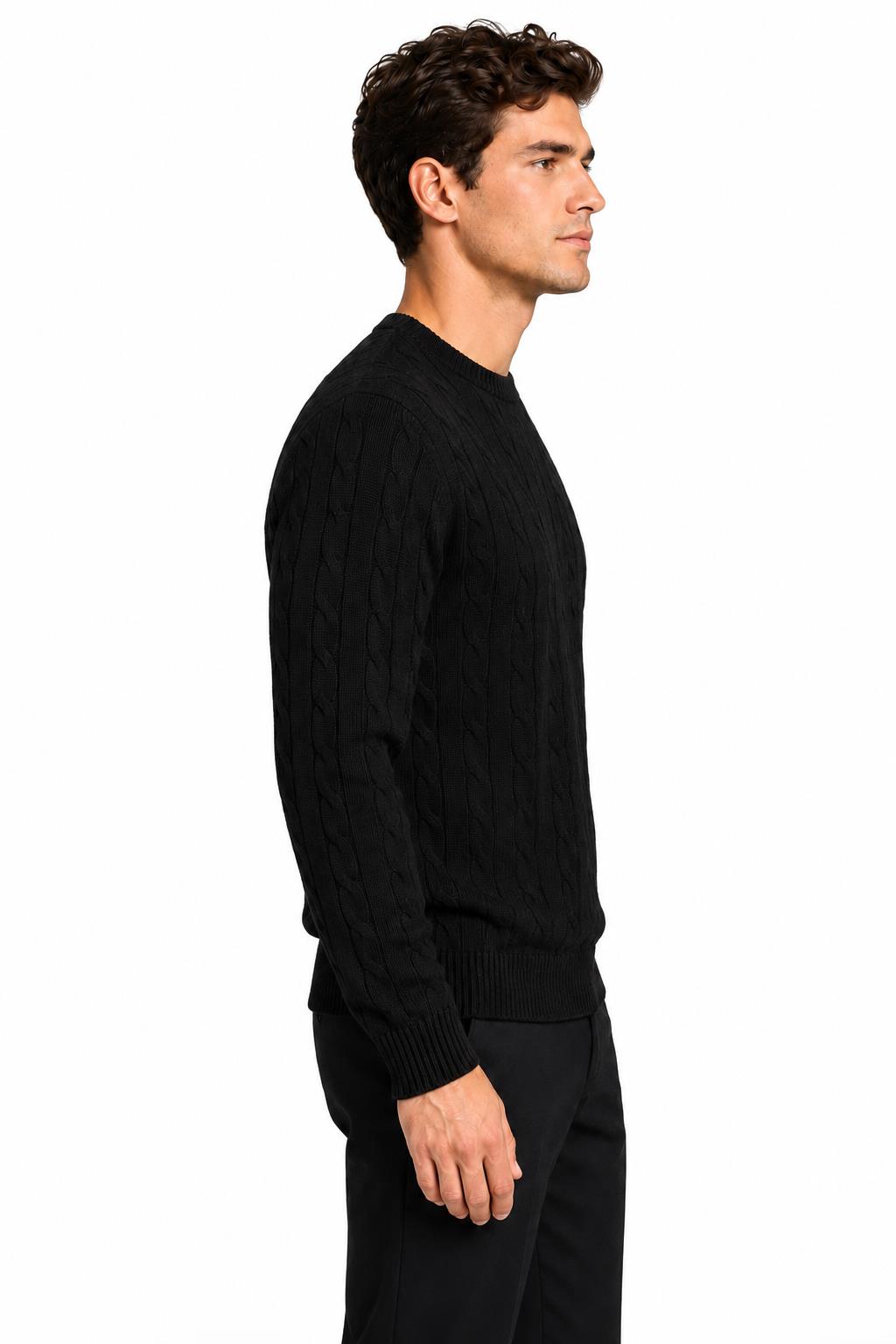 Men's Black 100% Cotton Fine Cable Knit Crew Neck Jumper