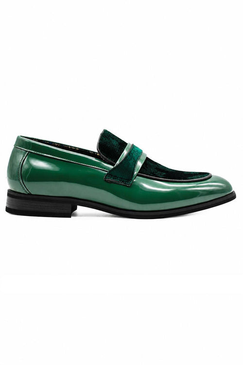 Men's Green Floral Velvet Patent Dress Loafers