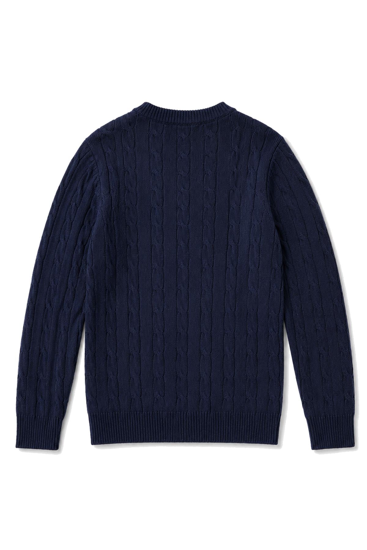 Men's Navy 100% Cotton Fine Cable Knit Crew Neck Jumper