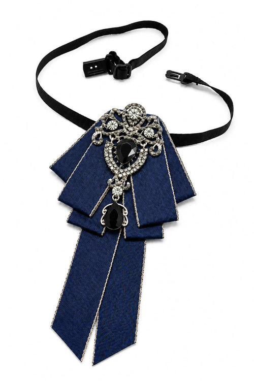 Men’s Navy Jewelled Short Ribbon Wedding Brooch Bow Tie