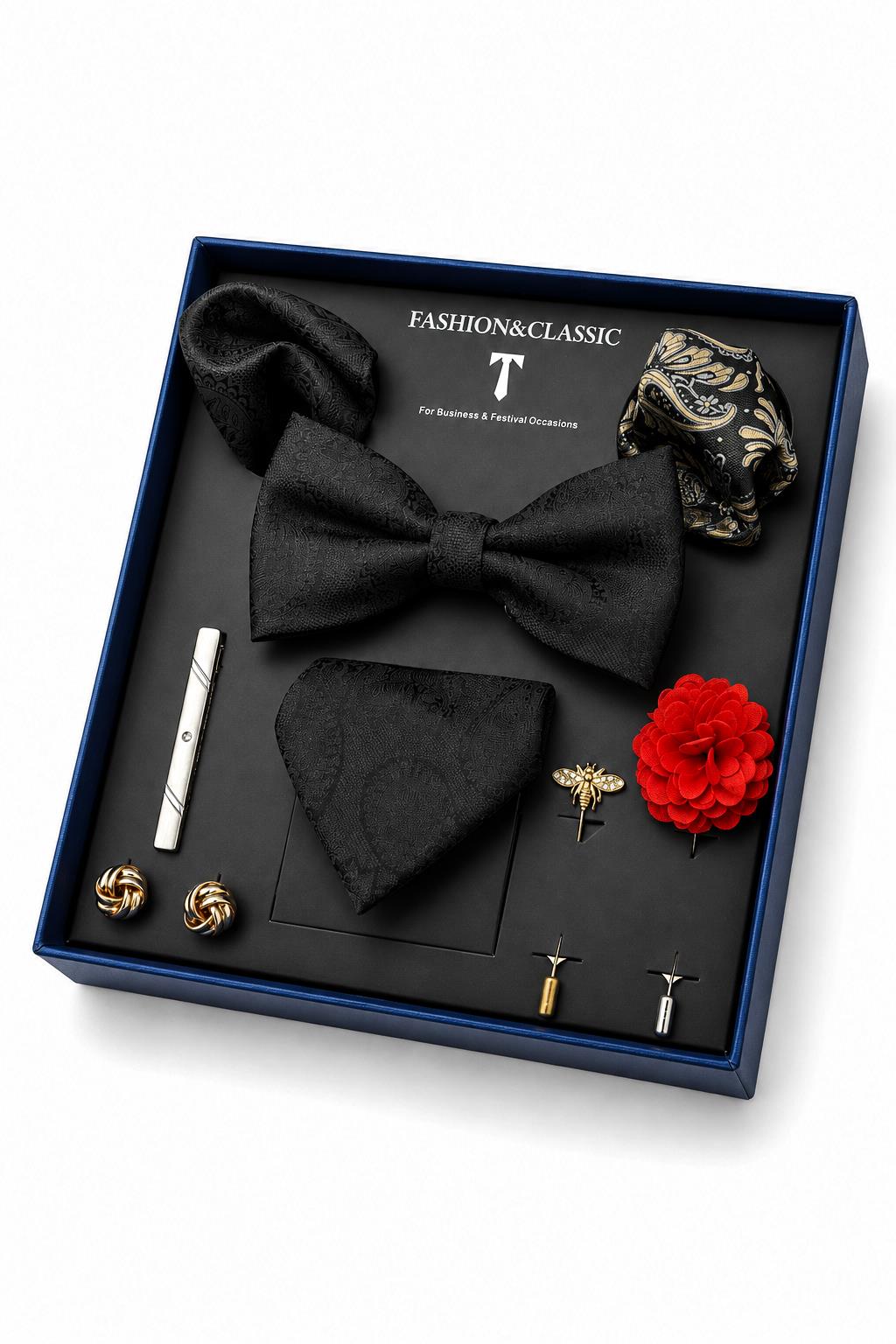 Men’s Black Paisley 8-Piece Tie & Bow Tie Wedding Gift Set