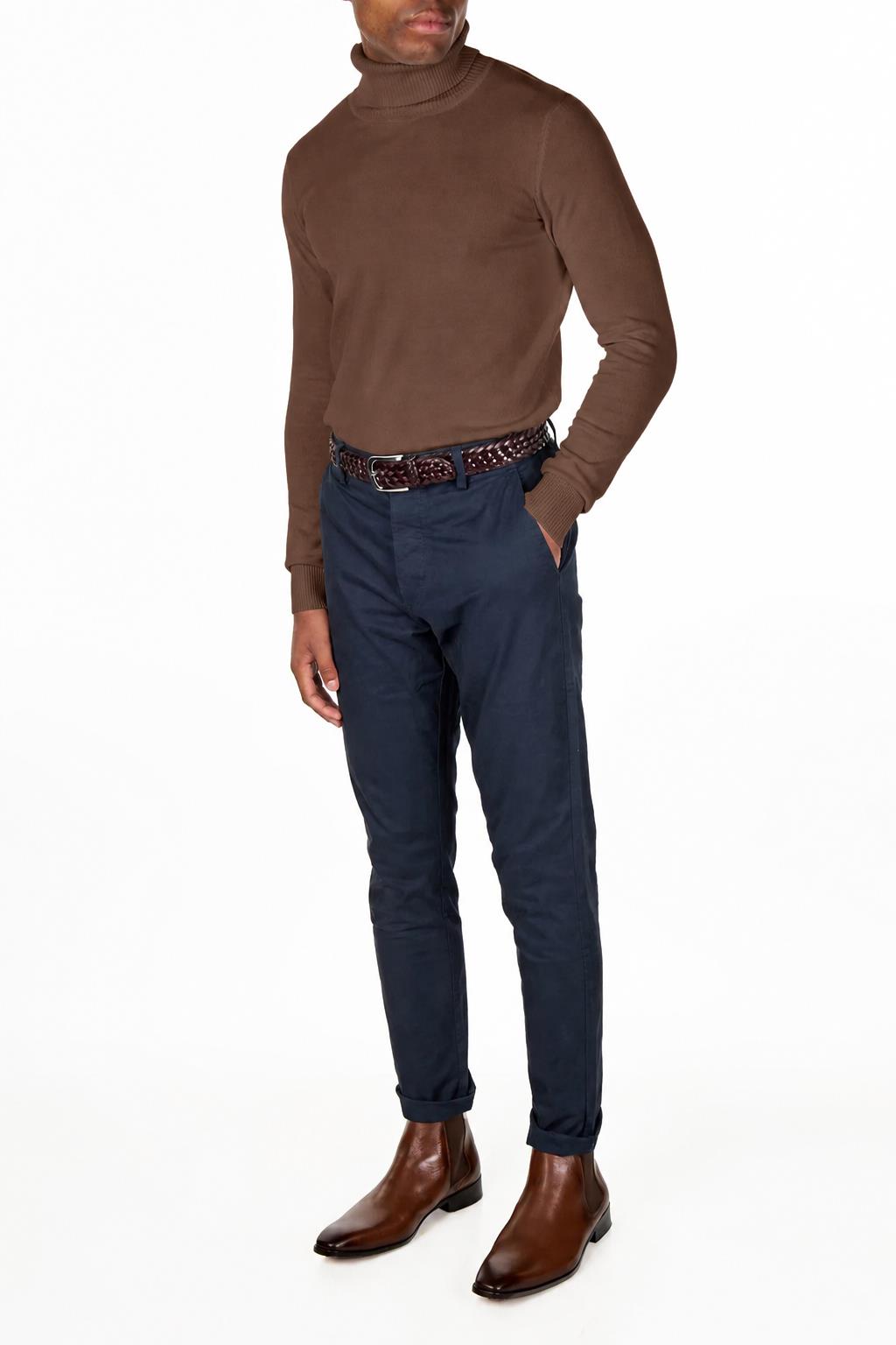 Men's Mocha 100% Cotton Fine Knit Roll Neck Jumper