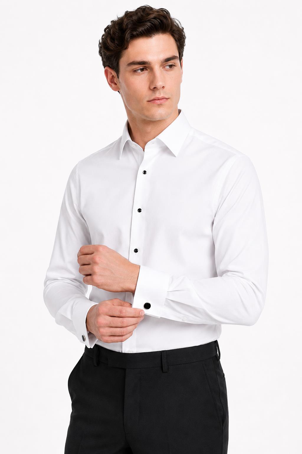 Men's White Formal Shirt with Black Buttons & Pocket Square