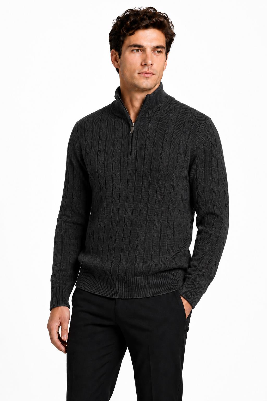 Men's Charcoal Grey 100% Cotton Fine Cable Knit Quarter Zip Neck Jumper