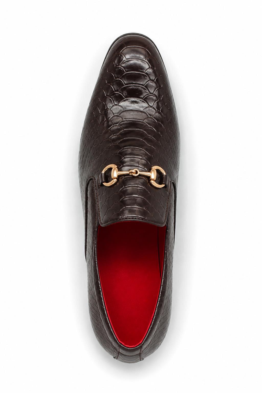 Men's Brown Patent Slip-On Loafers with Gold Snaffle Buckle