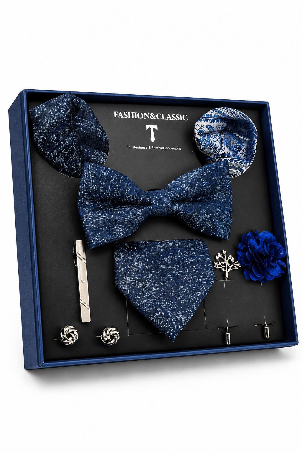 Men’s Navy Blue Paisley 8-Piece Tie & Bow Tie Wedding Gift Set