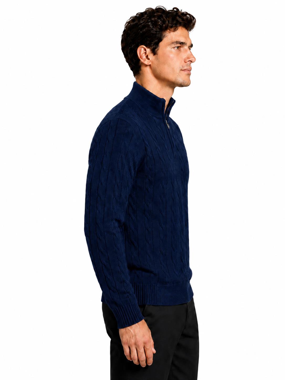 Men's Navy Blue 100% Cotton Fine Cable Knit Quarter Zip Neck Jumper