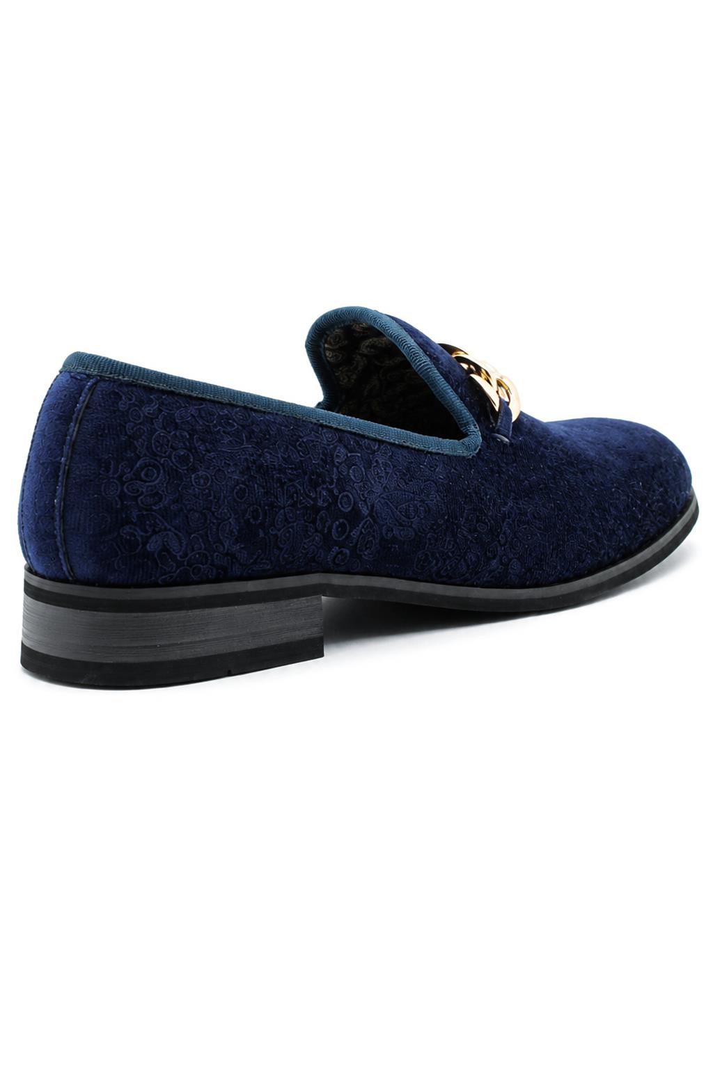Men's Navy Floral Velvet Gold Chain Wedding Loafers