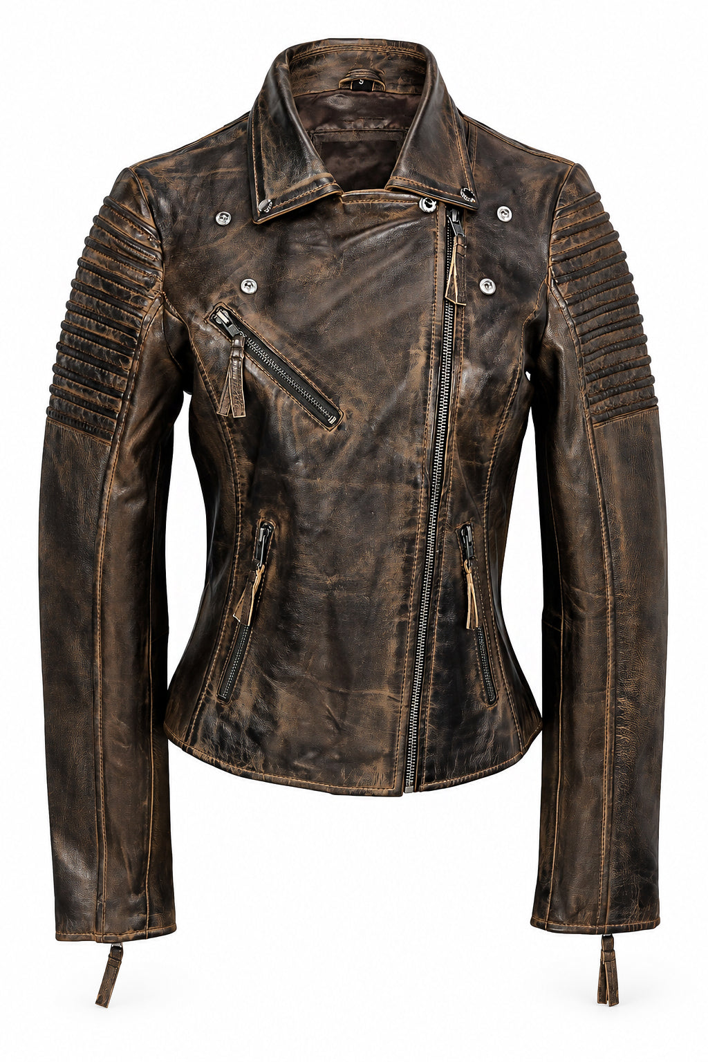 Ladies Retro Leather Biker Jacket in Brown