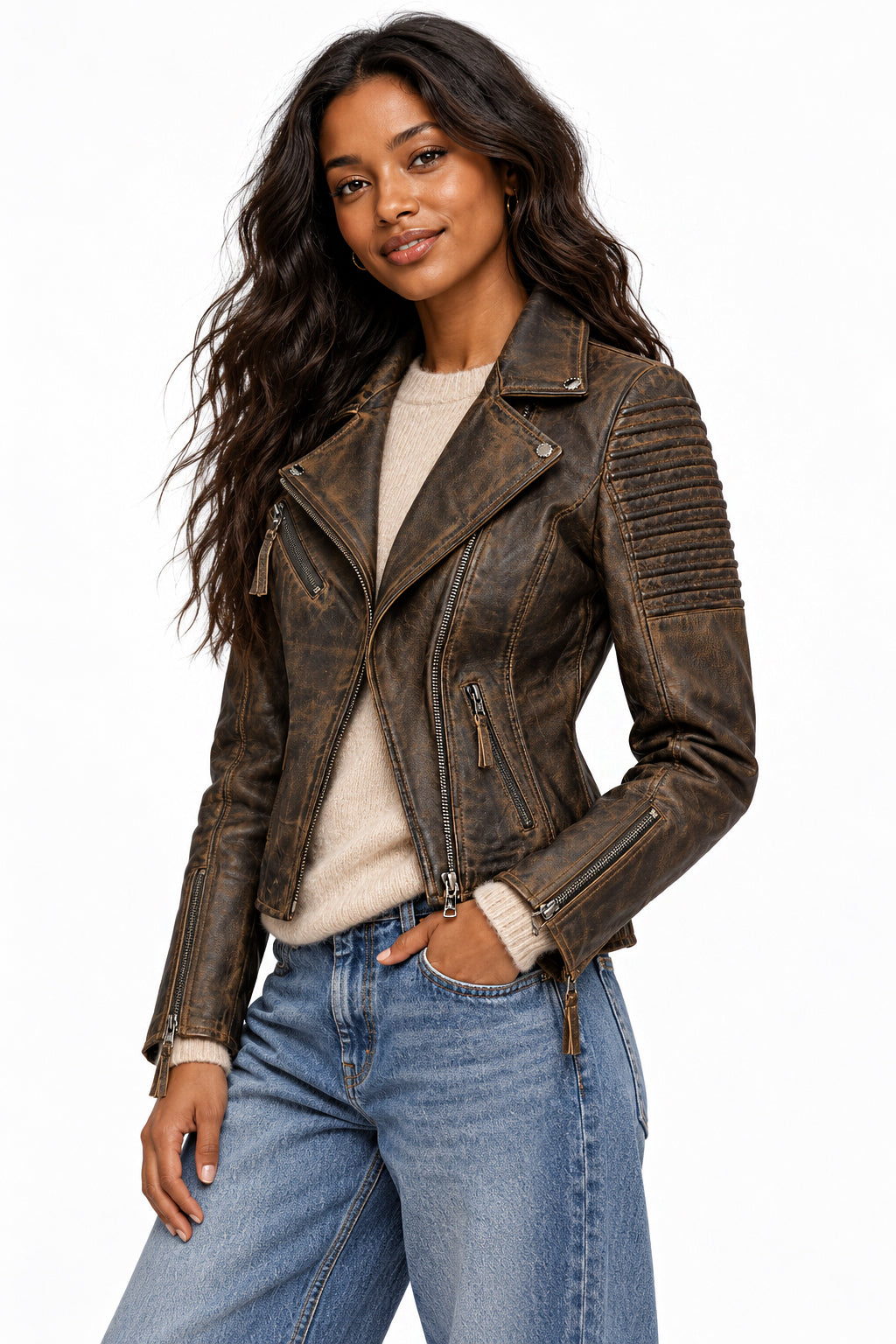 Ladies Retro Leather Biker Jacket in Brown
