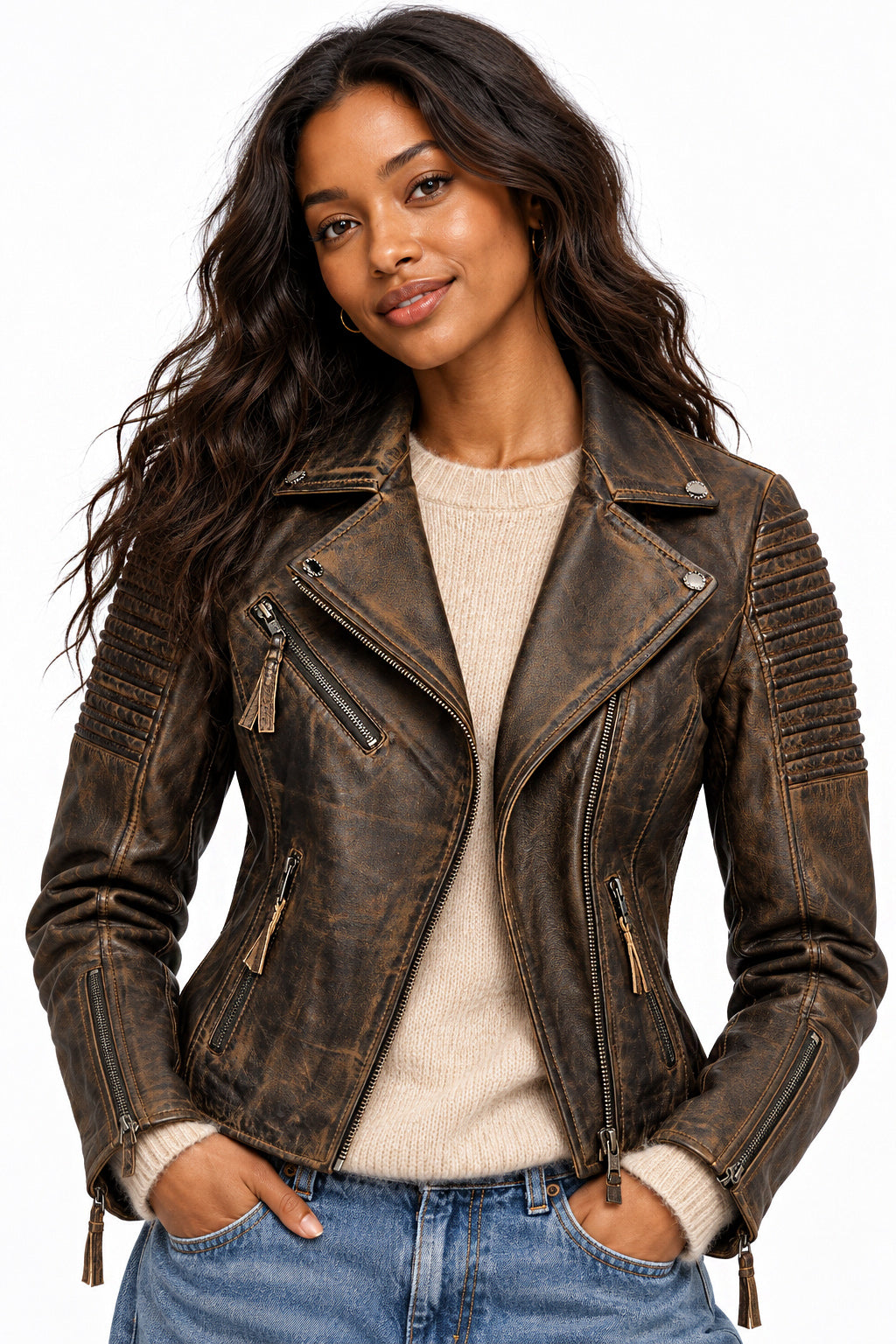 Ladies Retro Leather Biker Jacket in Brown