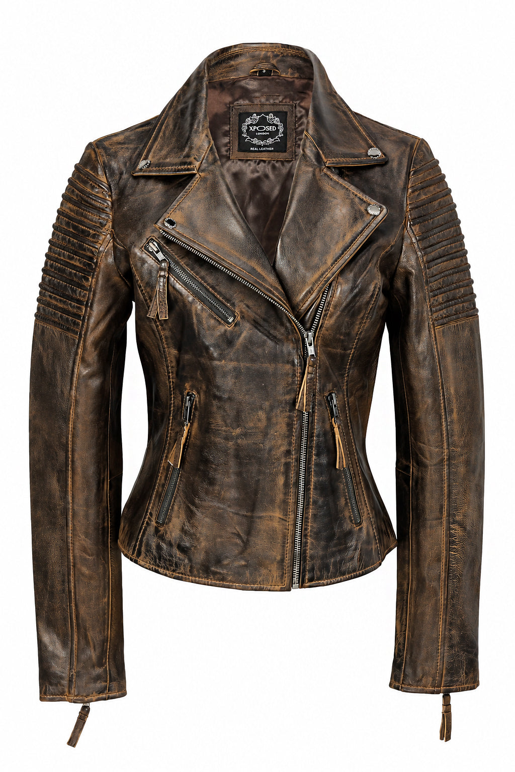 Ladies Retro Leather Biker Jacket in Brown