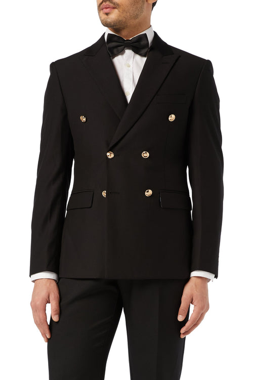 KLASSISCHE SCHWARZE ZWEIREIHIGE JACKE MIT GOLDKNOPF