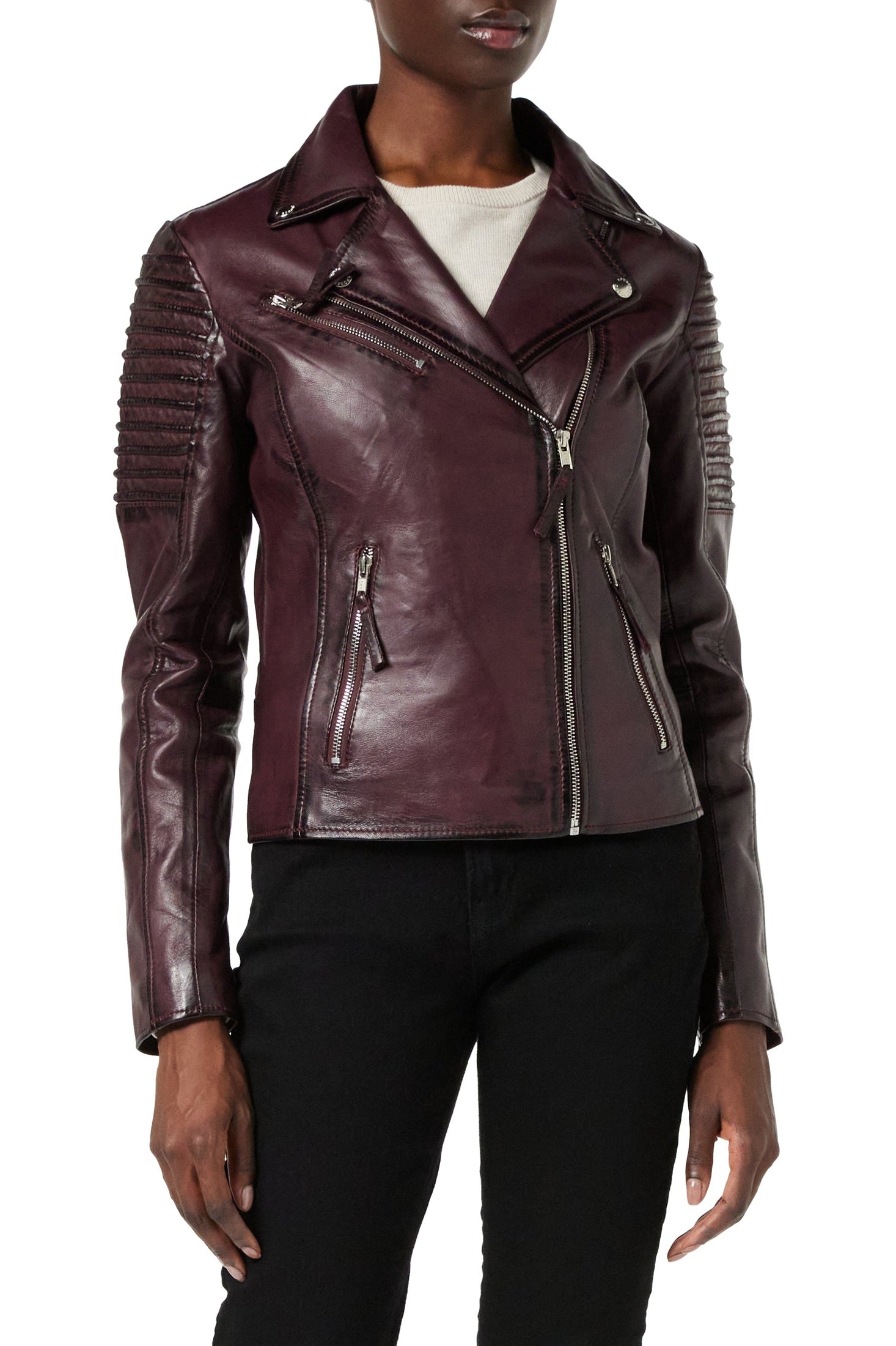 Ladies Retro Leather Biker Jacket in Burgundy