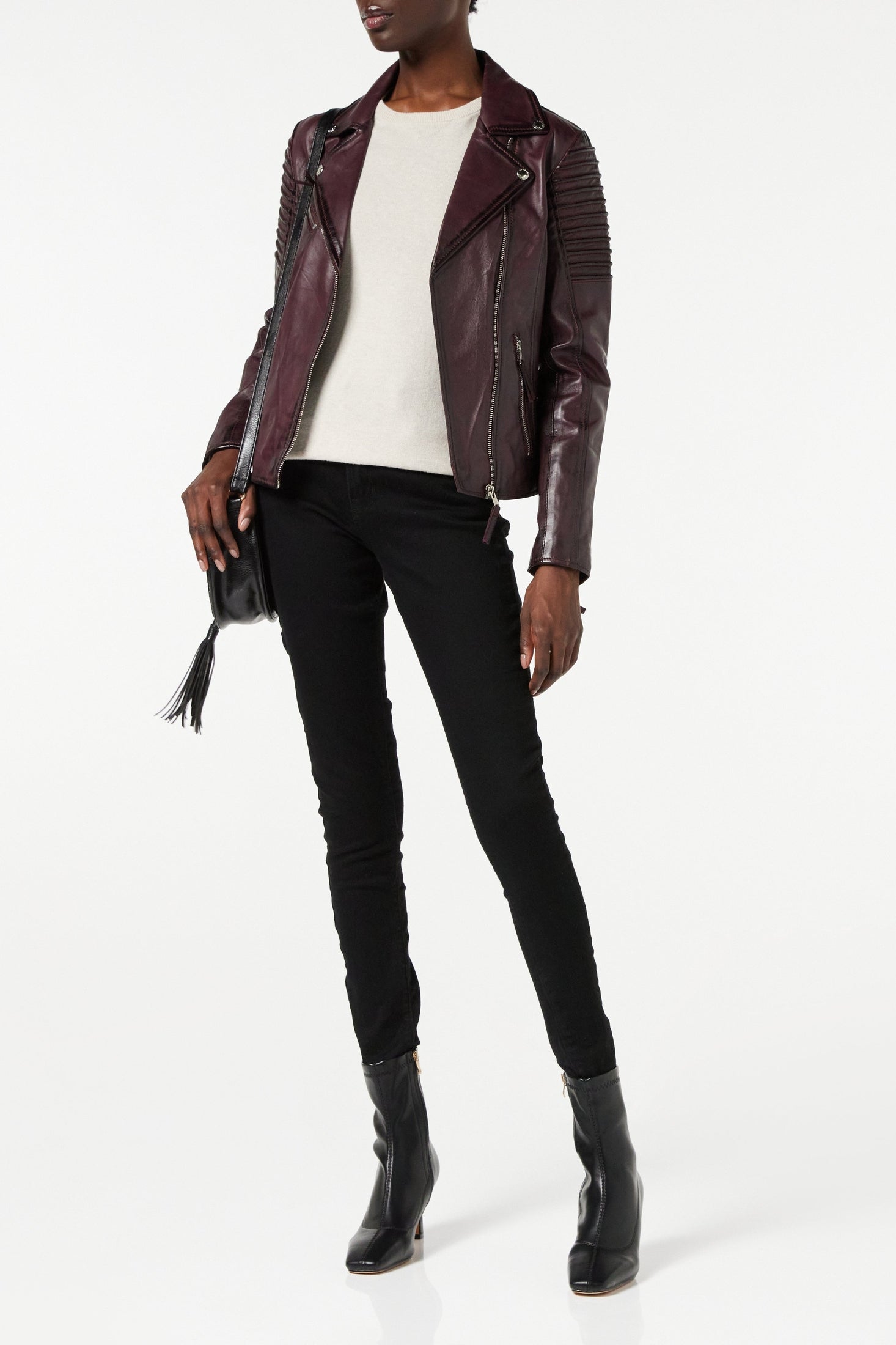 Ladies Retro Leather Biker Jacket in Burgundy