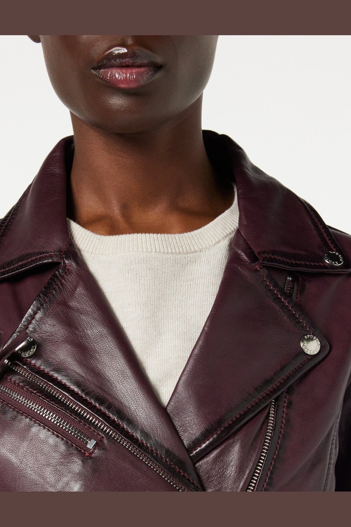 Ladies Retro Leather Biker Jacket in Burgundy
