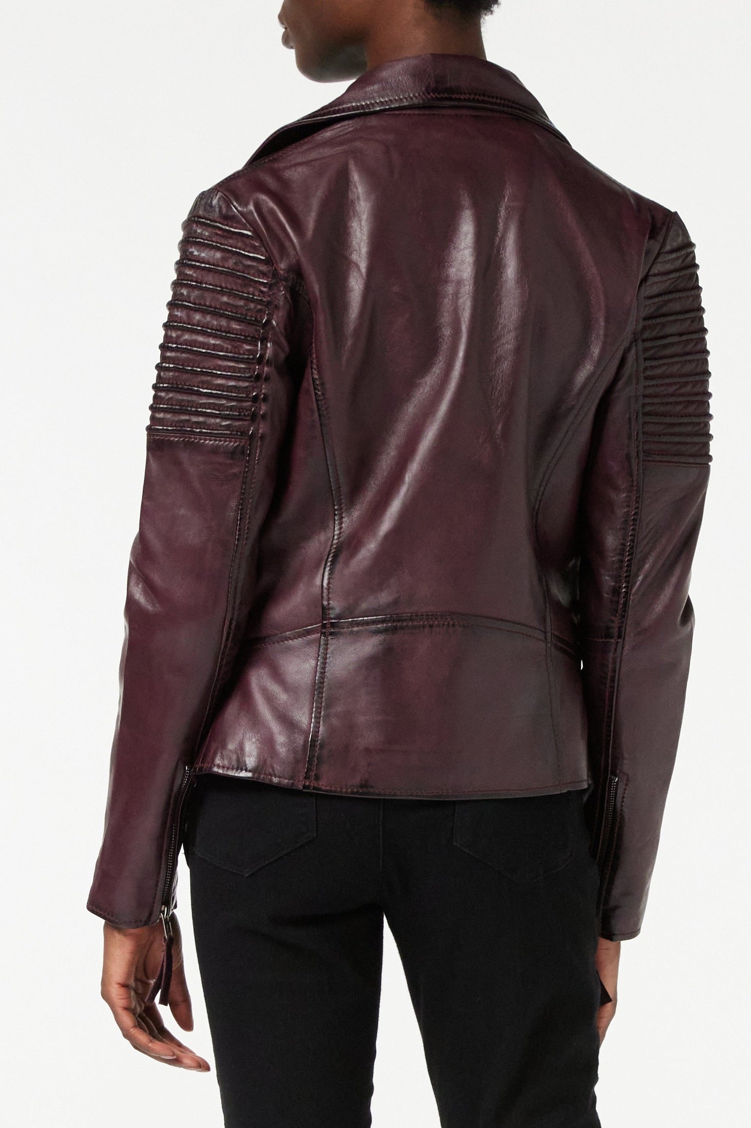 Ladies Retro Leather Biker Jacket in Burgundy