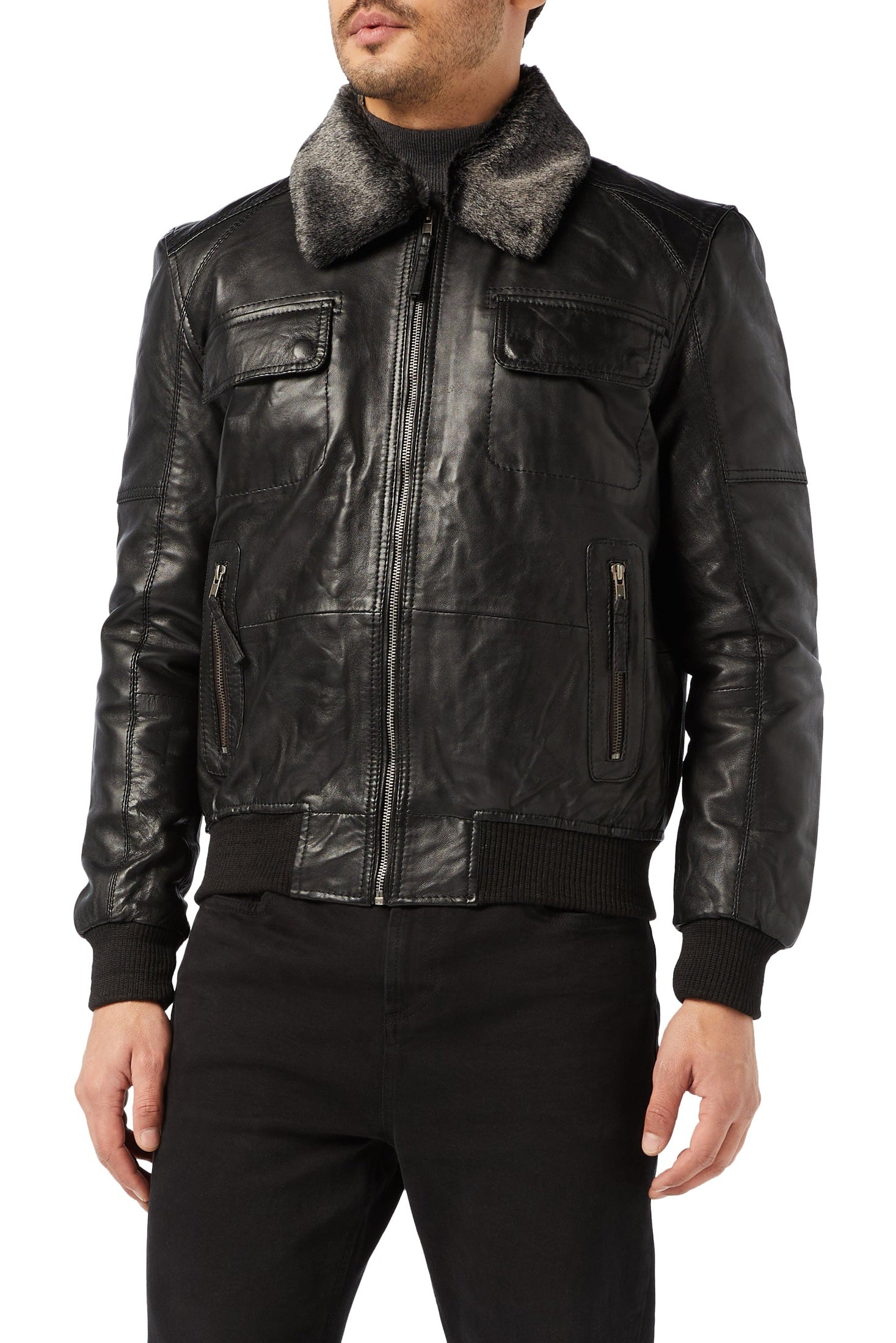 Black Bomber Real Leather Jacket with Fur Collar