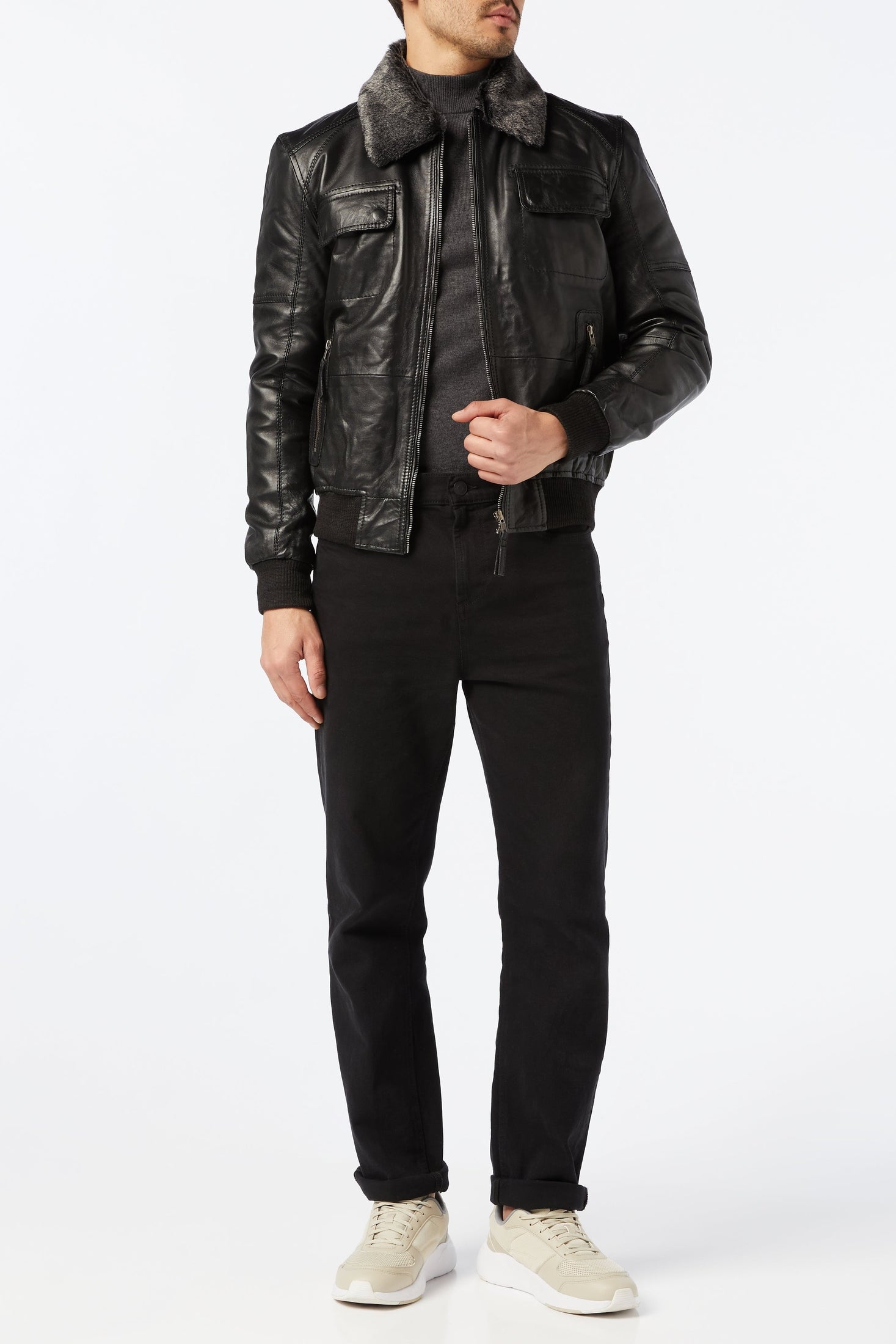 Black Bomber Real Leather Jacket with Fur Collar