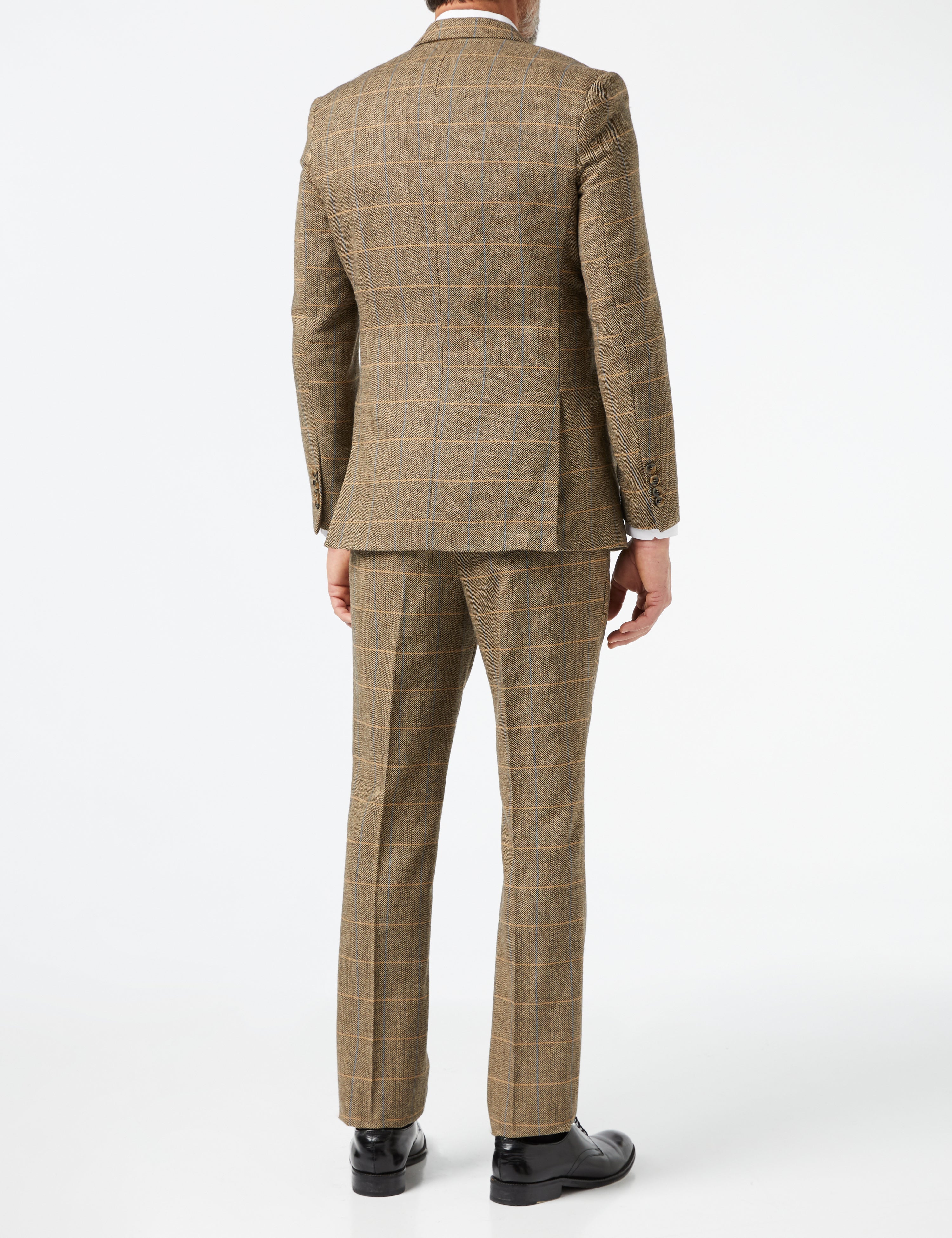 TWEED CHECK HERRINGBONE TAN SUIT JACKET & WAISTCOAT