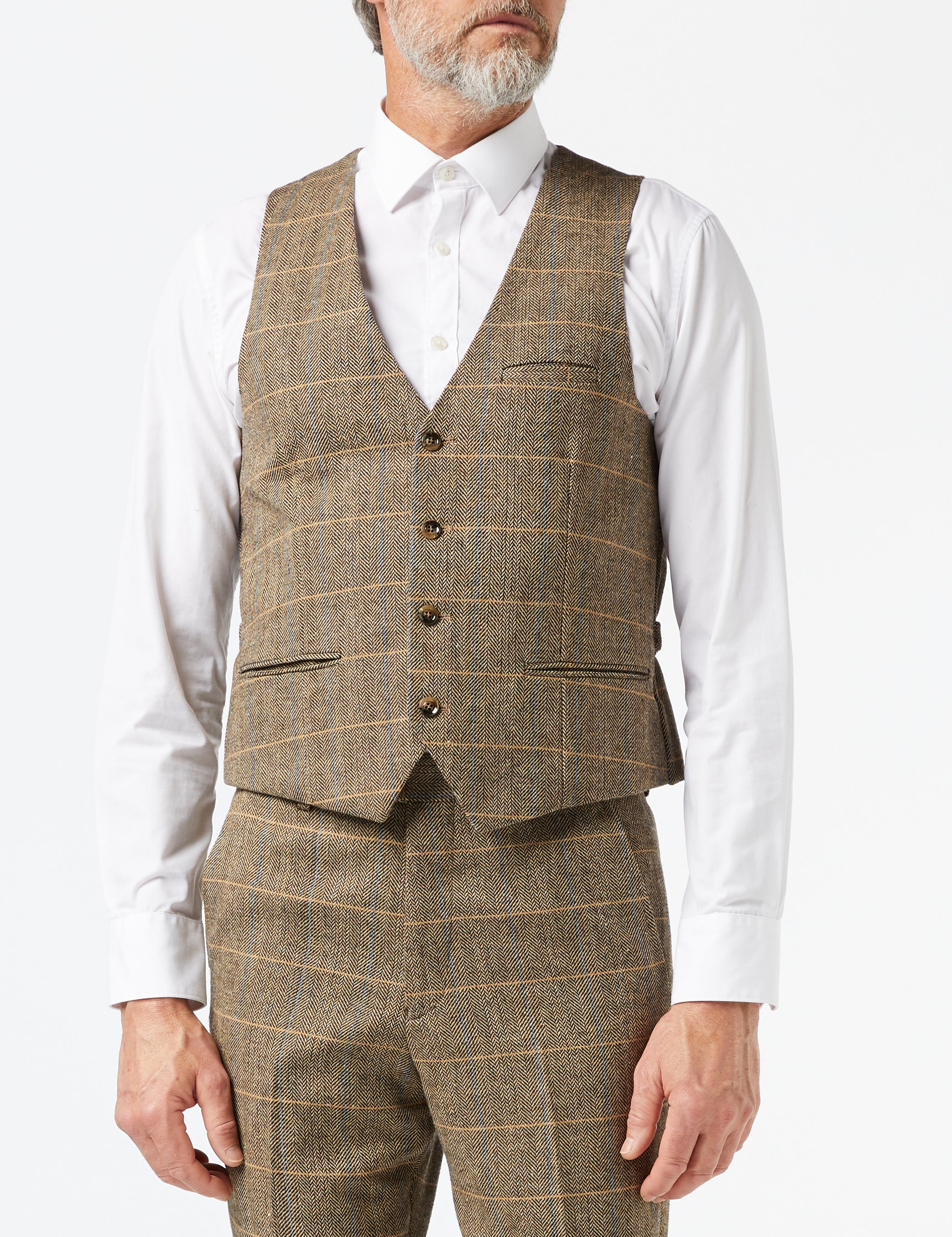 VESTE ET GILET DE COSTUME EN TWEED CHECK HERRINGBONE TAN