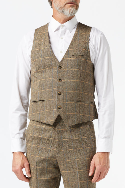 MENS TWEED TAN HERRINGBONE CHECKS TAILORED FIT WAISTCOAT