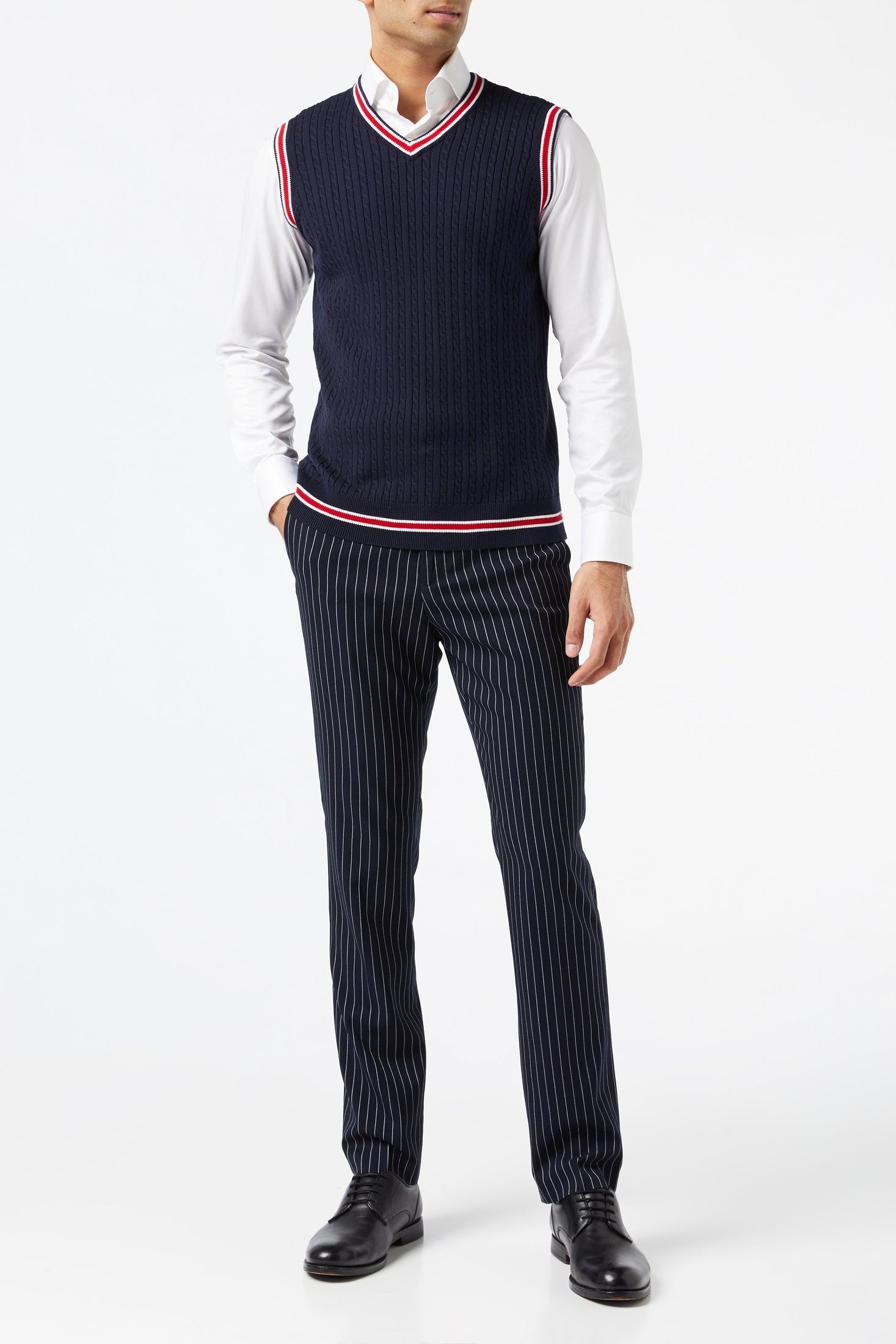 Mens Sleeveless V Neck Navy Jumper Knitted Vest