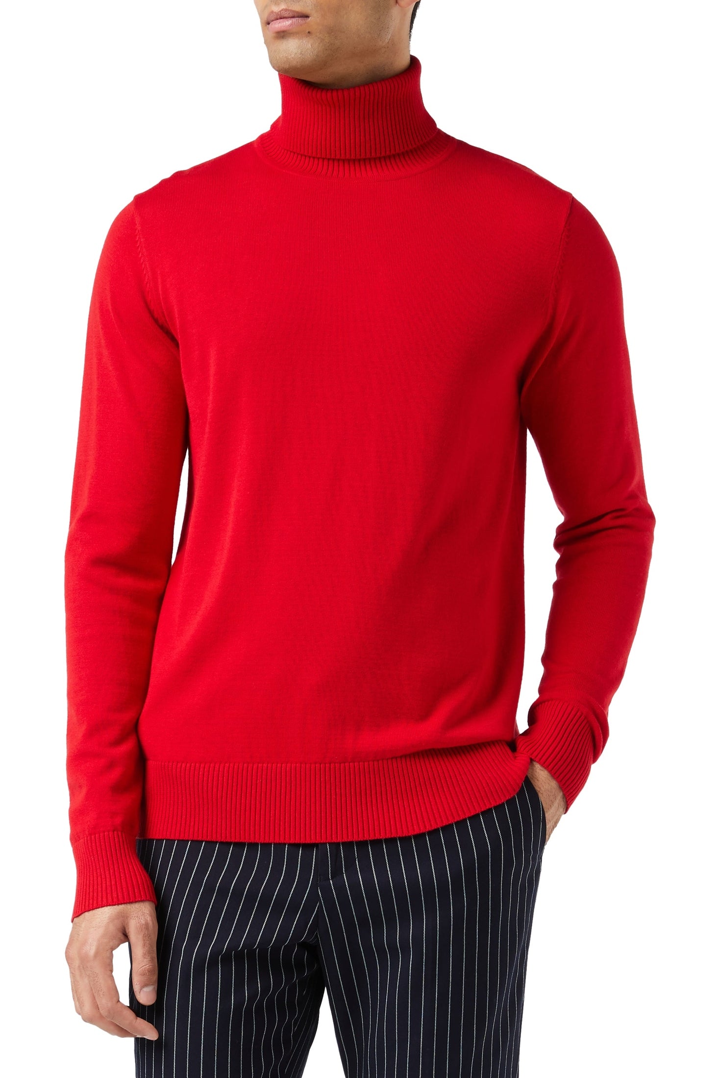 Men's Red Lightweight Stretch Cotton Roll Neck Jumper