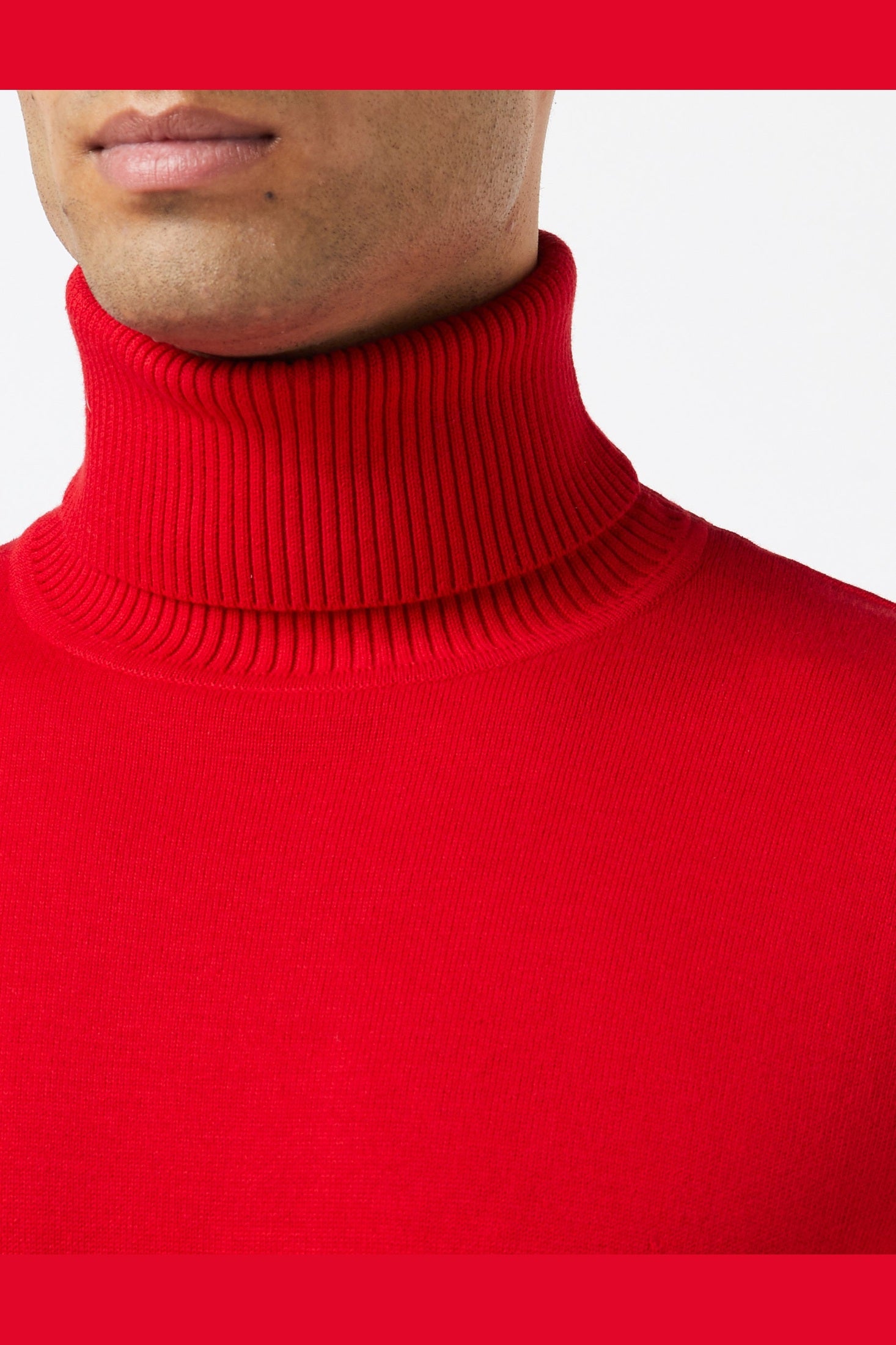 Men's Red Lightweight Stretch Cotton Roll Neck Jumper