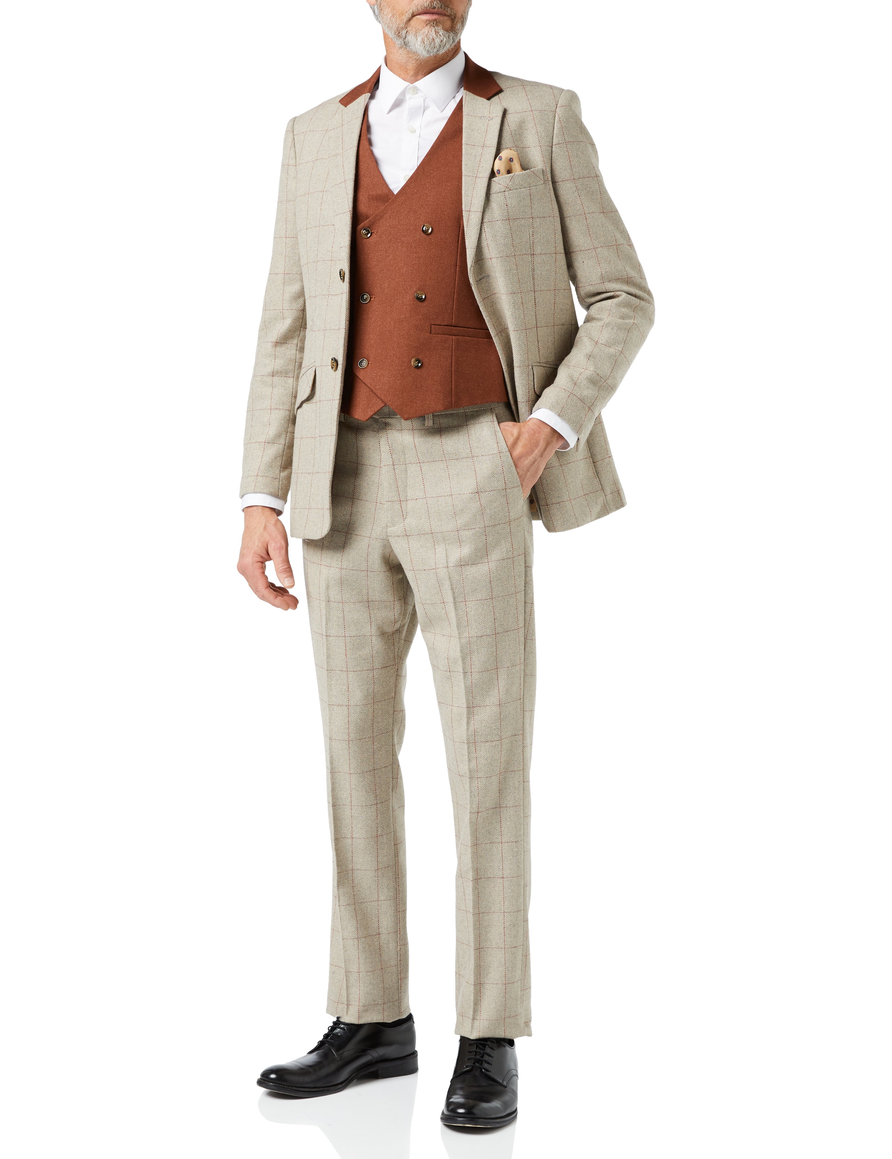 THEO - TWEED HERRINGBONE RED CHECK ON BEIGE SUIT JACKET & WAISTCOAT