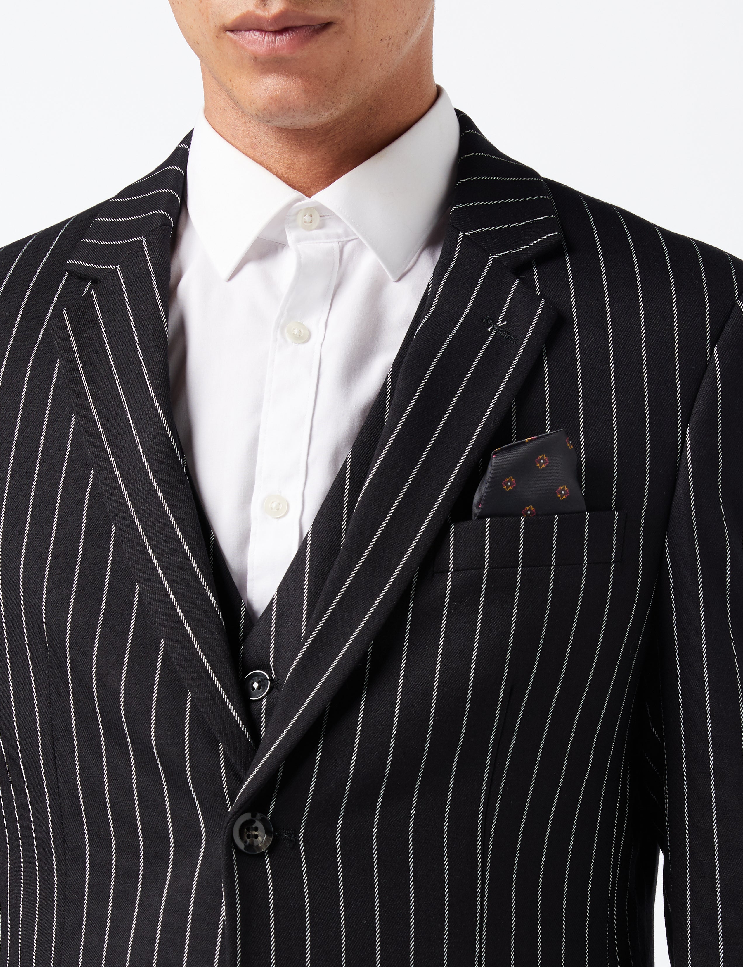 Black Single Breasted Pin Stripe Suit
