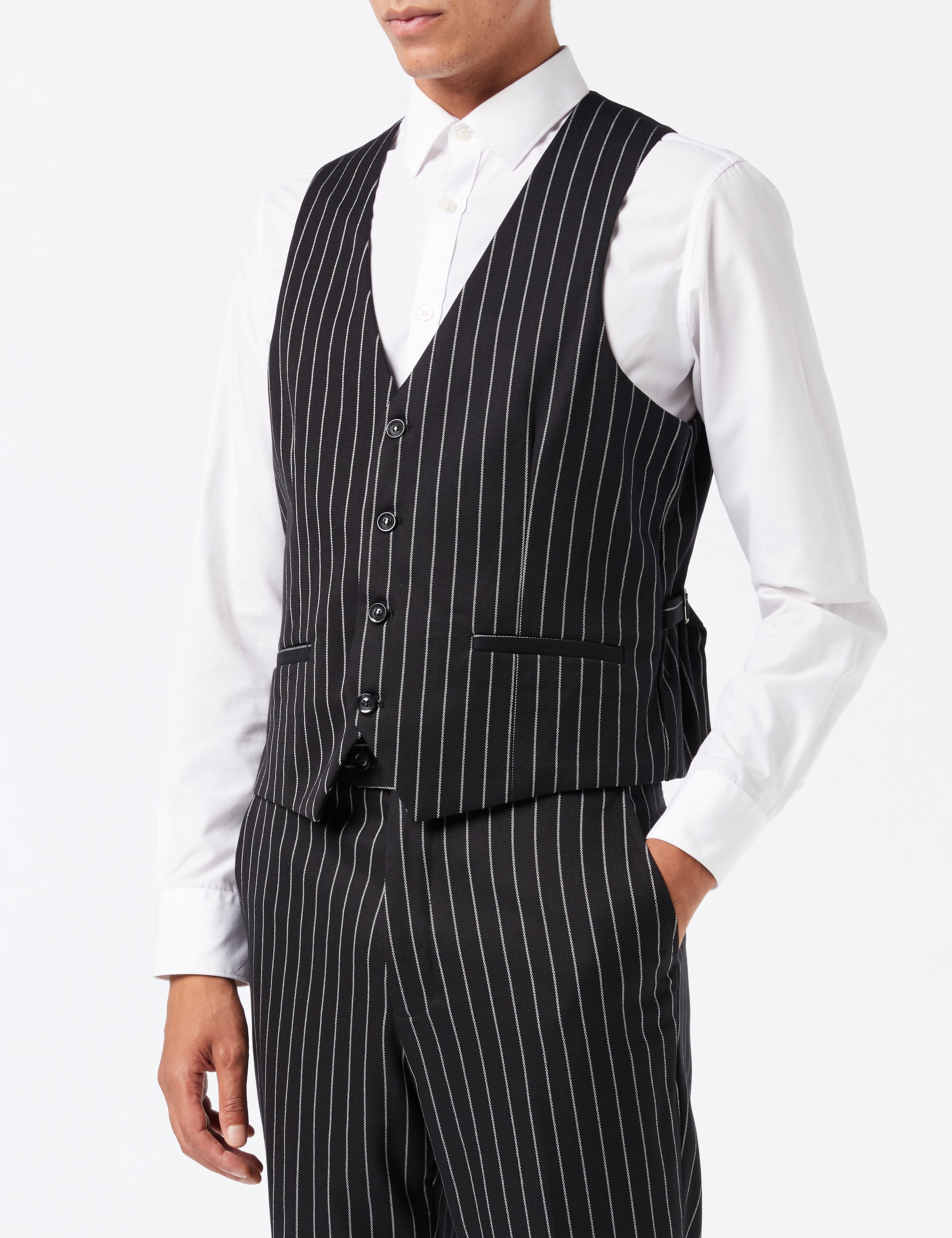 WHITE PIN STRIPE BLACK SUIT JACKET & WAISTCOAT